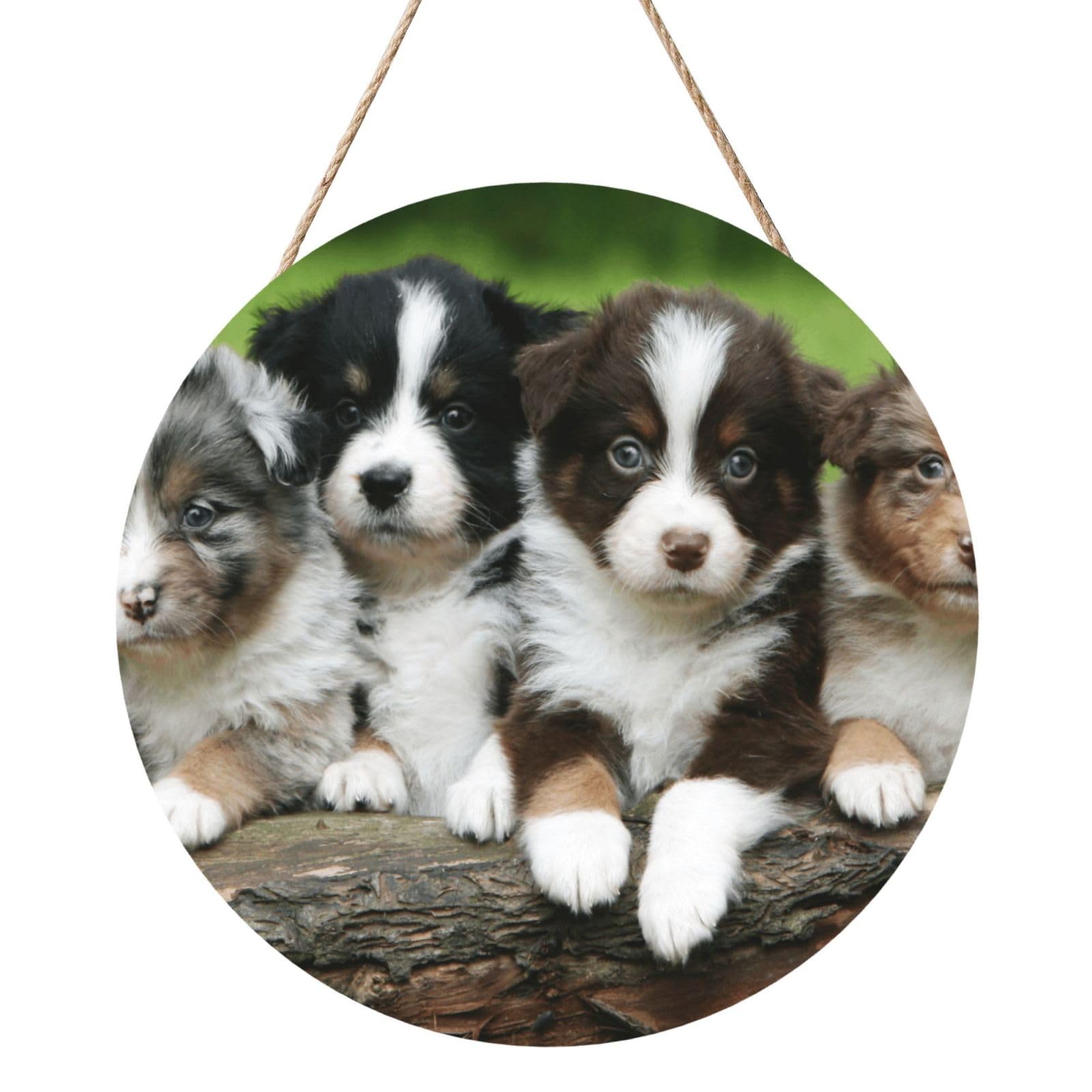 InOmak Australian Shepherd Small Puppies, Round Wood Panel Painting 12 in, Wall Hanging Painting For Home