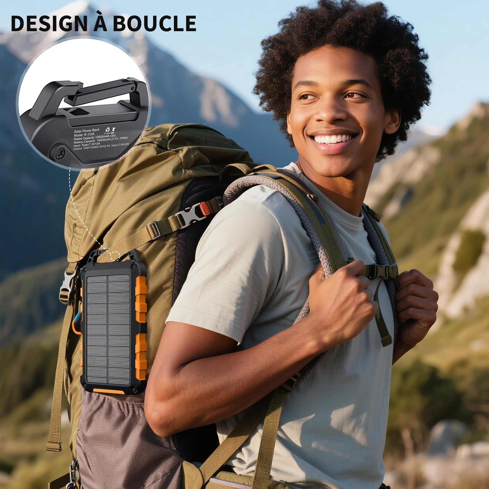 Batterie Externe Solaire 10000mAh PD 22,5W Chargeur Solaire avec 2 Ports USB et Une Entrée USB-C Charge Rapide Solar Power Bank Imperméable Compatible avec Téléphone Tablette Camping, Orange