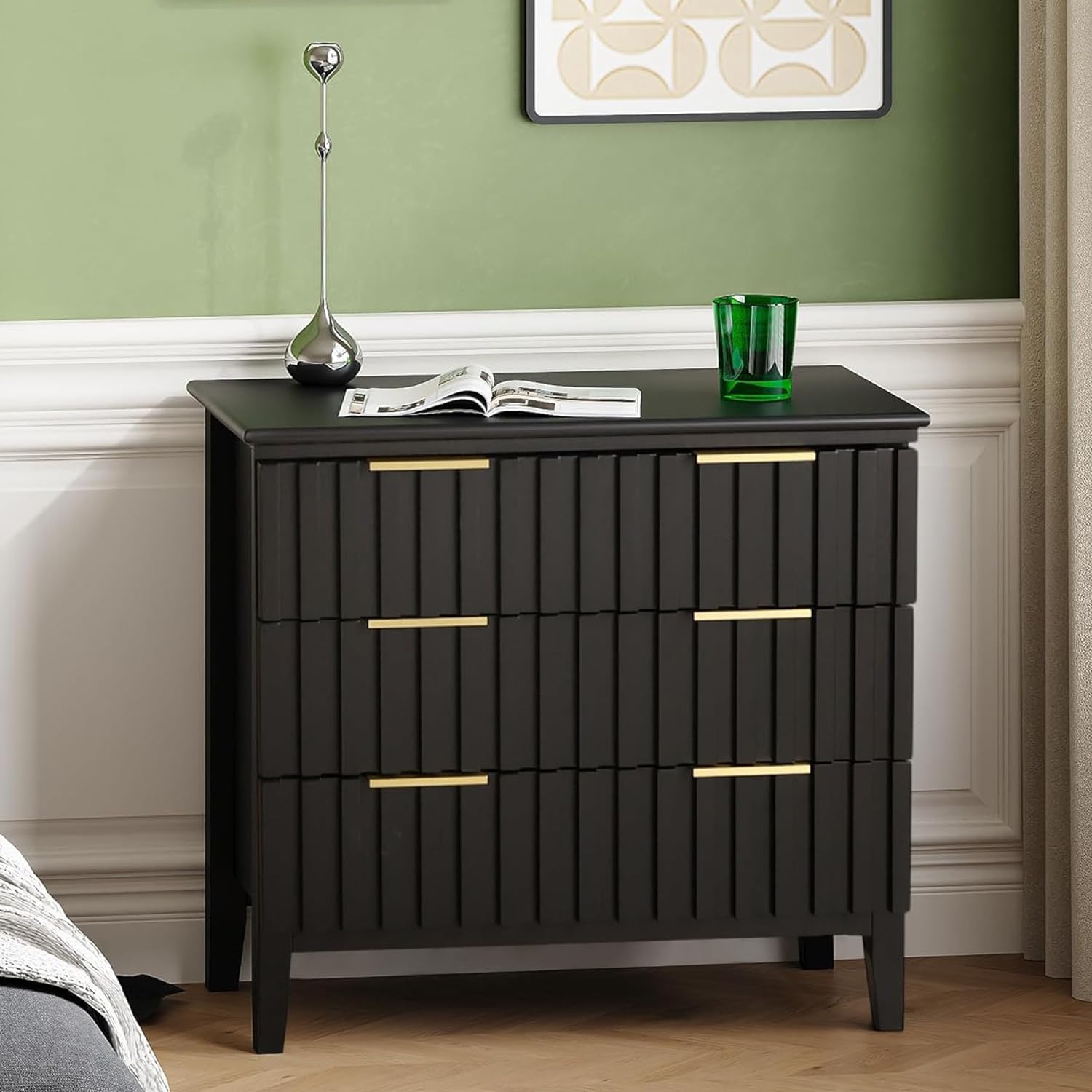 LAZZO 3 Drawer Nightstand Fluted Nightstand Oversized Bedside Table Tall Side Tables Large Night Stand with Storage,Gold Metal Handles and Painted MDF Surface for Bedroom Black