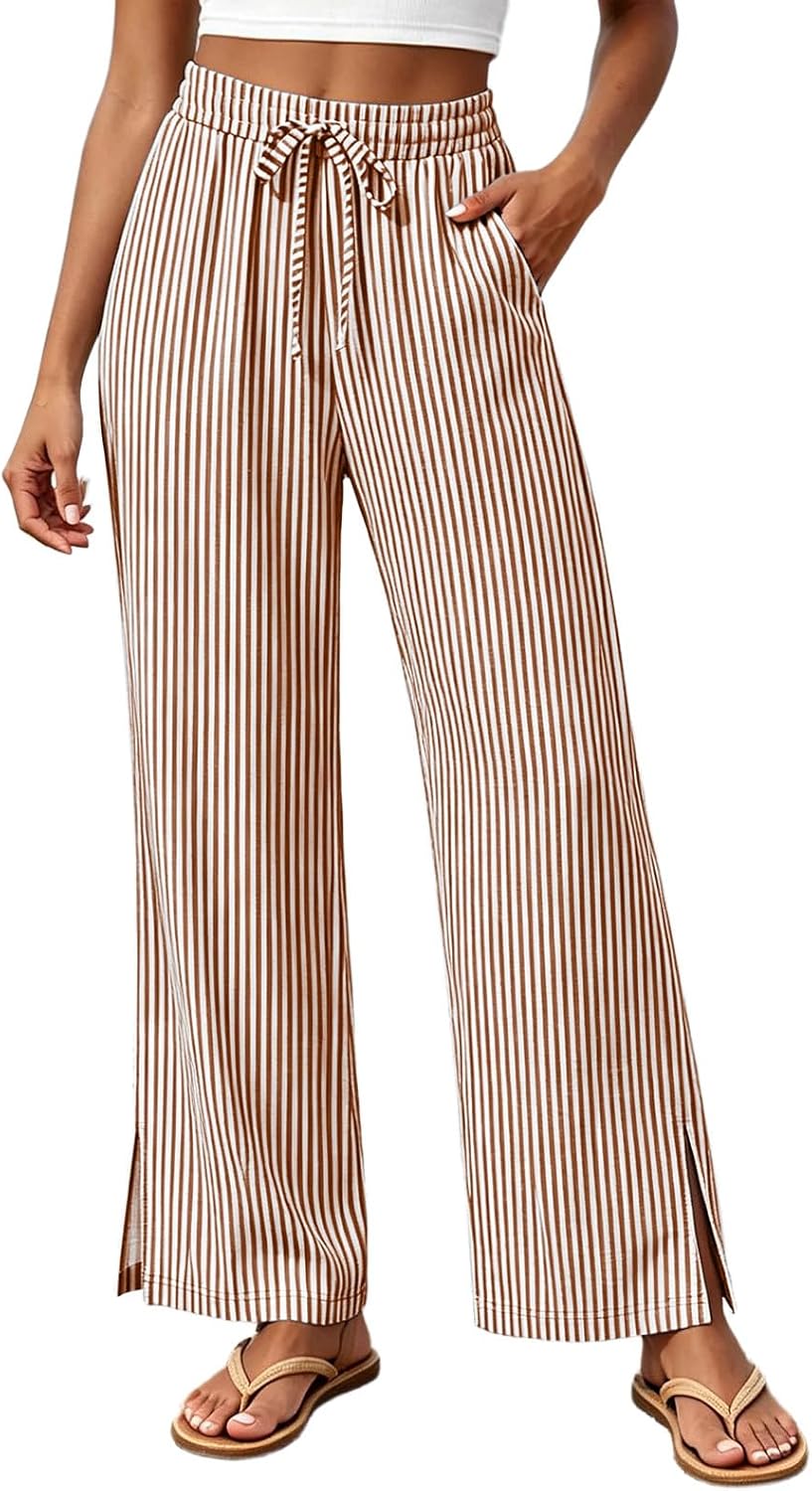Striped Track Pants for Women High Waist Wide Leg Slit Hem Trousers Casual Flowy Palazzo Pant Lounge Slacks