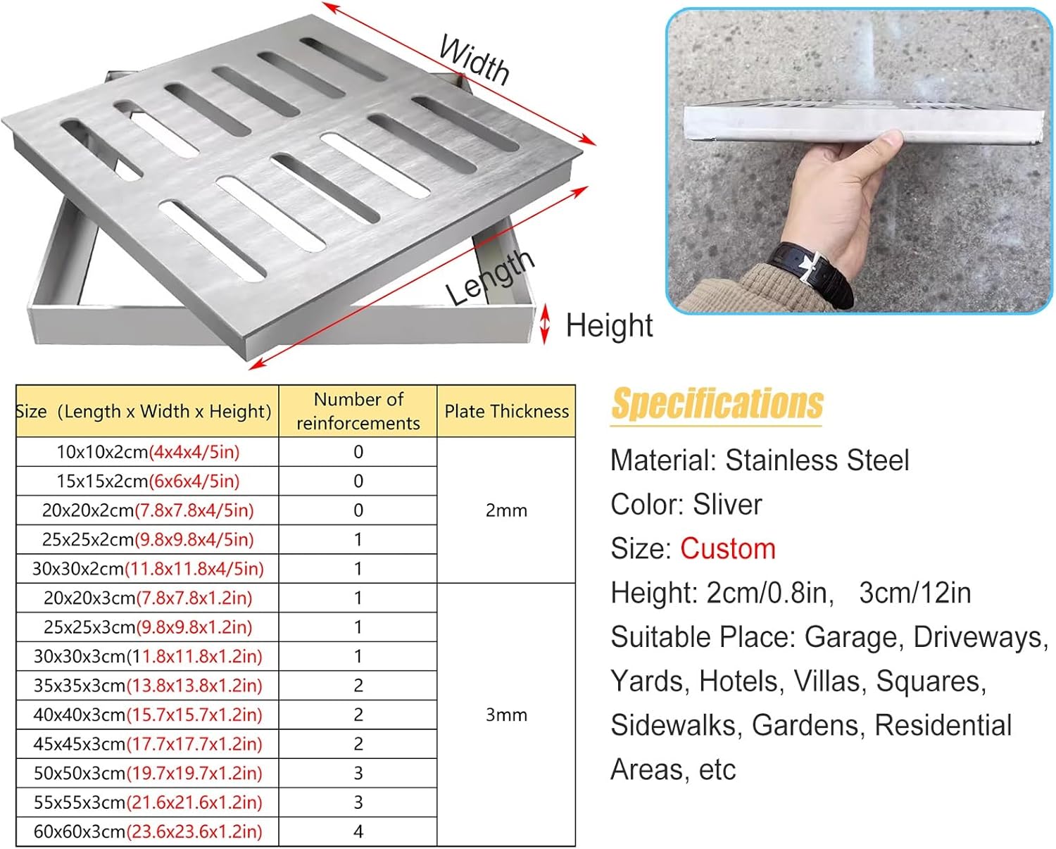 Square Stainless Steel Drain Grate with Frame, Removable Outdoor Sewer Drain Cover to Block Debris, Metal Drain Strainer Plate for Garden Patio Yard(25x25x3cm(9.8x9.8x1.2in))