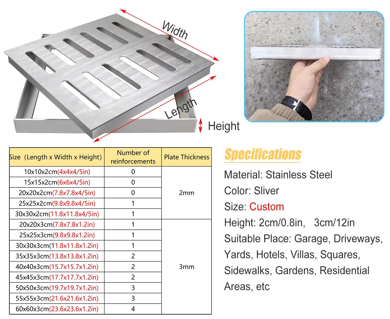Genérico Rejilla de Drenaje de Acero Inoxidable para Uso Exterior, Tapa de colador de alcantarillado extraíble de Alta Resistencia, solución de Drenaje de 60x60 cm (23,6