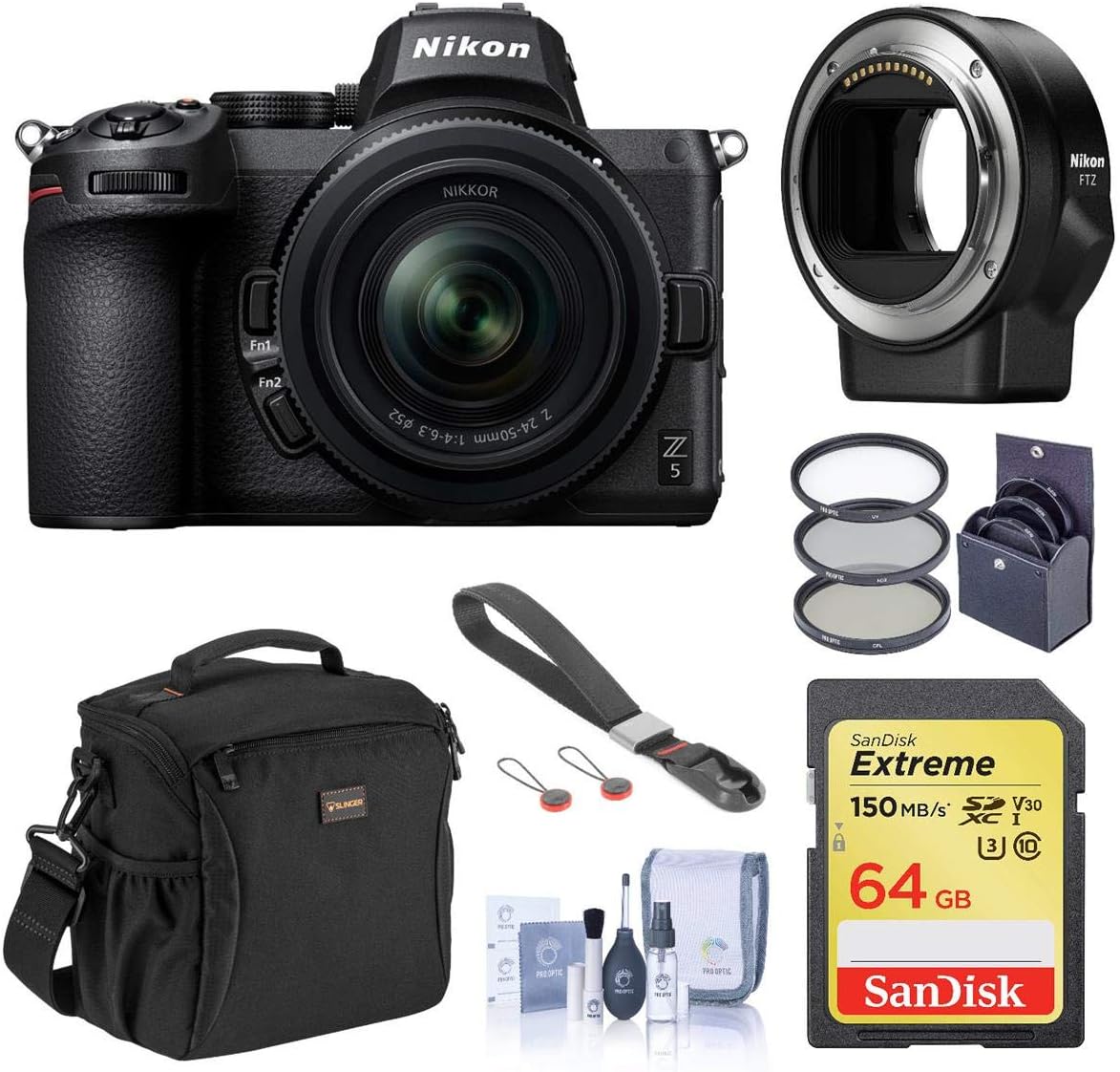 Nikon Z5 Mirrorless Camera with NIKKOR Z 24-50mm f/4-6.3 Zoom Lens and FTZ II Mount Adapter, Bundle 64GB SDXC Card, 52mm Filter Kit, Bag, Wrist Strap