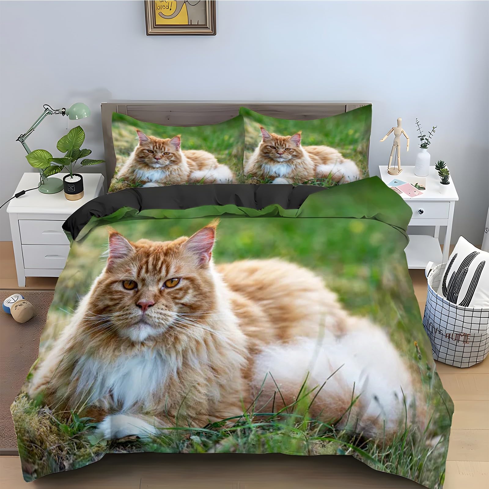 Housse de Couette 240 x 260 Chat Parure de Lit 3 Pièces Microfibre Douce avec Zip