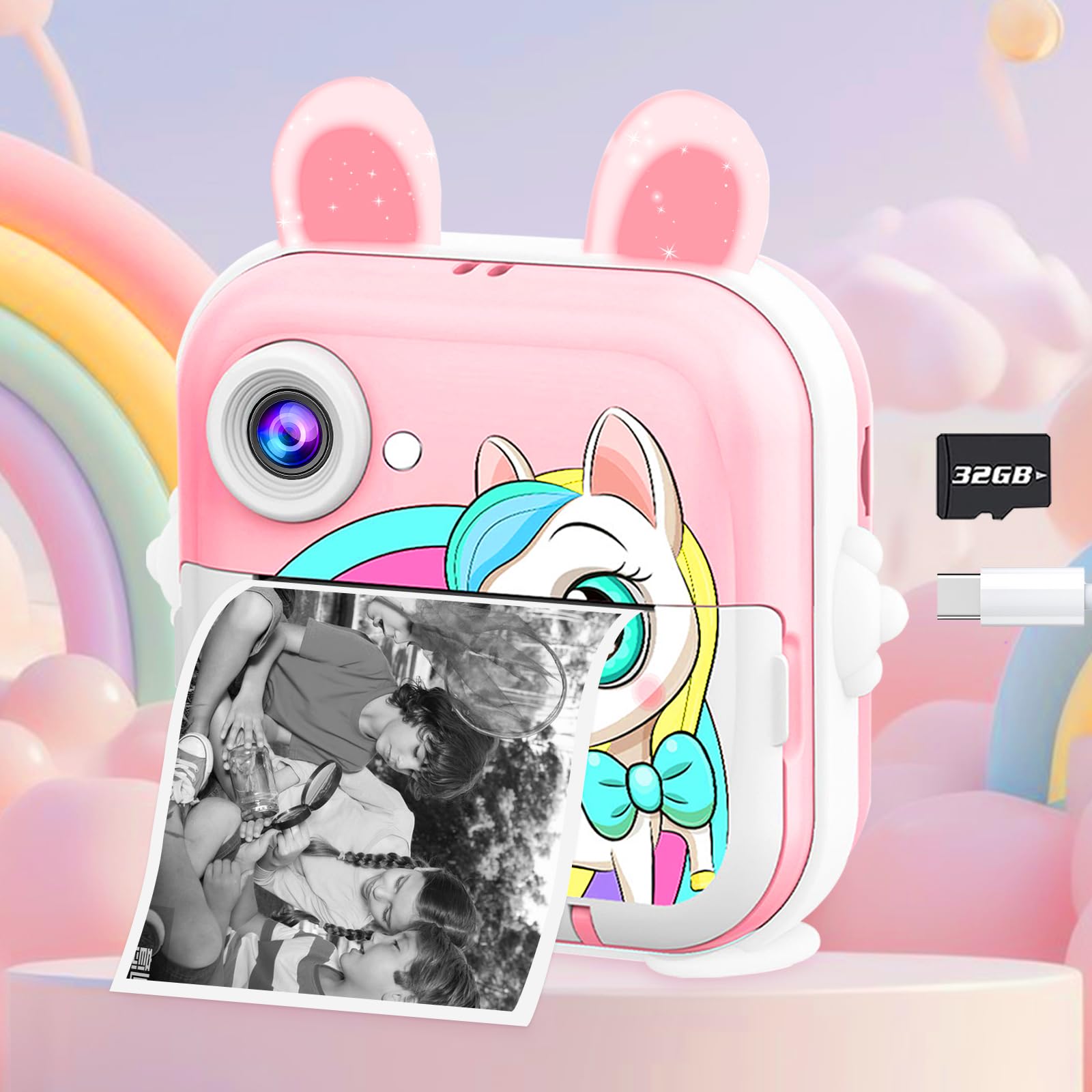 CATGIFF Macchina Fotografica Bambini Istantanea, 2.4 Pollici 1080P HD Fotocamera Digitale Bambini con Matita Colorata Carta da Stampa e 32GB Scheda, Rosa