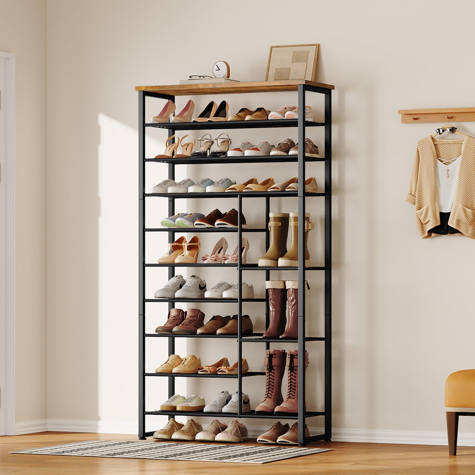 HOOBRO Schuhregal mit 10 Ebenen, Schuhablage für 27-30 Paare, industrielles Schuhregal mit unterschiedlichem Abstand, abnehmbares Gitter, für Eingänge, Flure, rustikales Braun und Schwarz EBF172XJ01