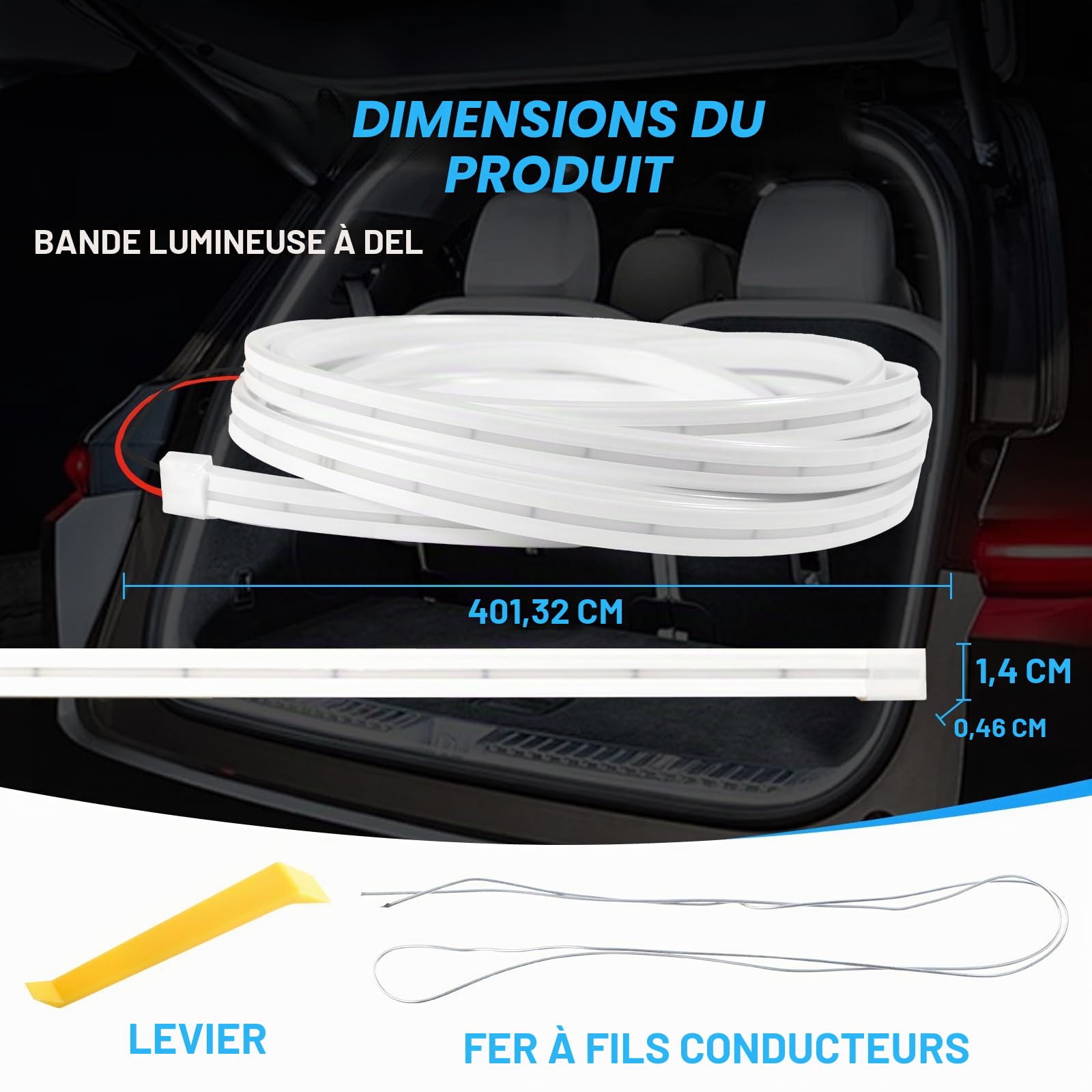 Bande Lumineuse du Coffre de Voiture, Bande de Voiture à Découper Flexible pour Le Tronc étanche des Lumières Intérieures à LED (Blanc, 4m / 158 in)
