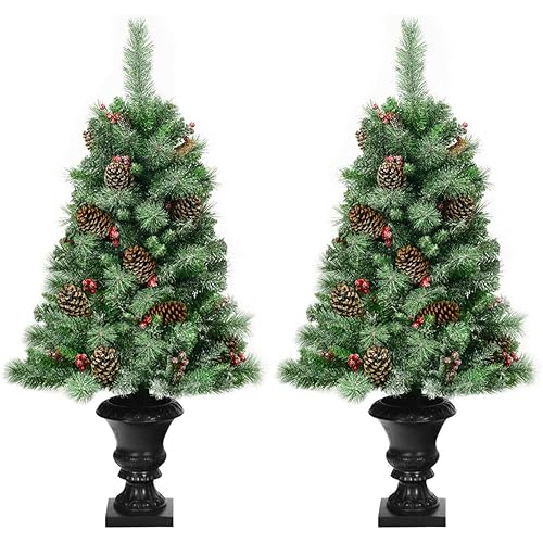 Goplus 4FT Snow Flocked Entrance Tree, Artificial Christmas Tree with Pine Cones and Red Berries, Unlit Xmas Tree for Porch and Outdoor Use