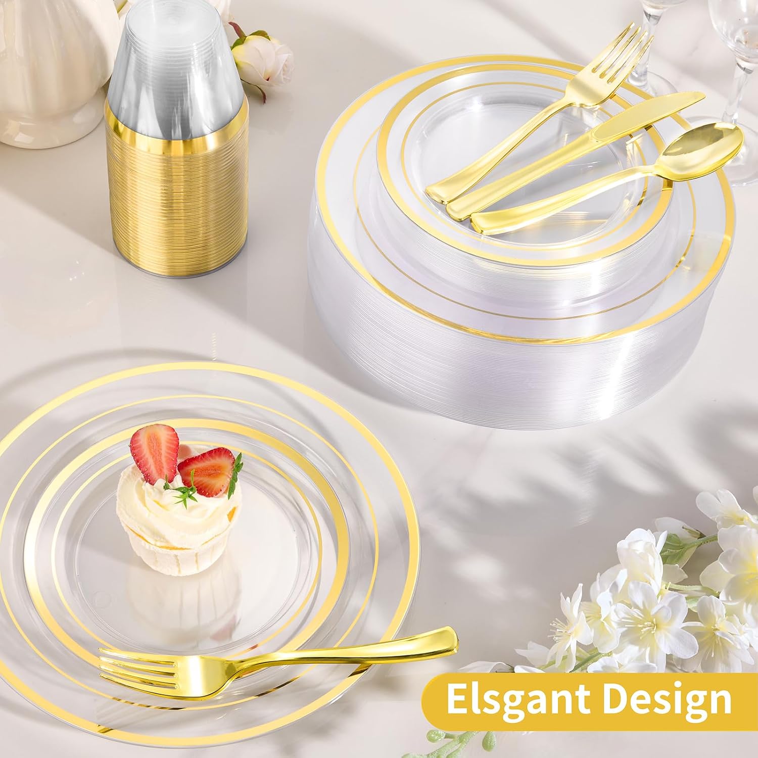 Goodluck 600 Pieces Clear Gold Plates for 100 Guests, Plastic Plates for Party, Dinnerware Set of 100 Dinner and 100 Dessert Plates, 100 Spoons, 100 Forks, 100 Knives, 100 Cups thumbnail