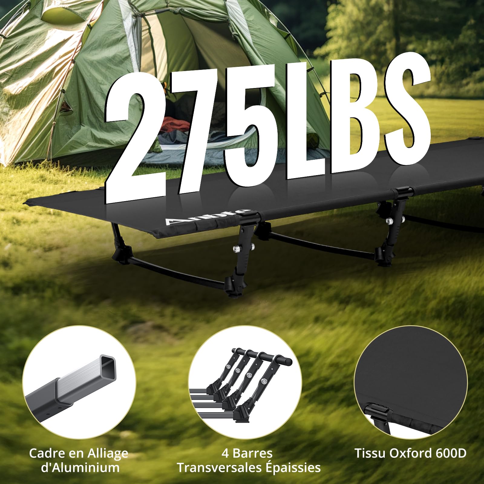 Anbte Lit de Camp Pliable 1 Personne 191×70×20 cm, Montage Facile avec Pince Latérale, Lit de Camping Portable avec Sac, Charge 125 kg, pour Camping, Plage, Jardin