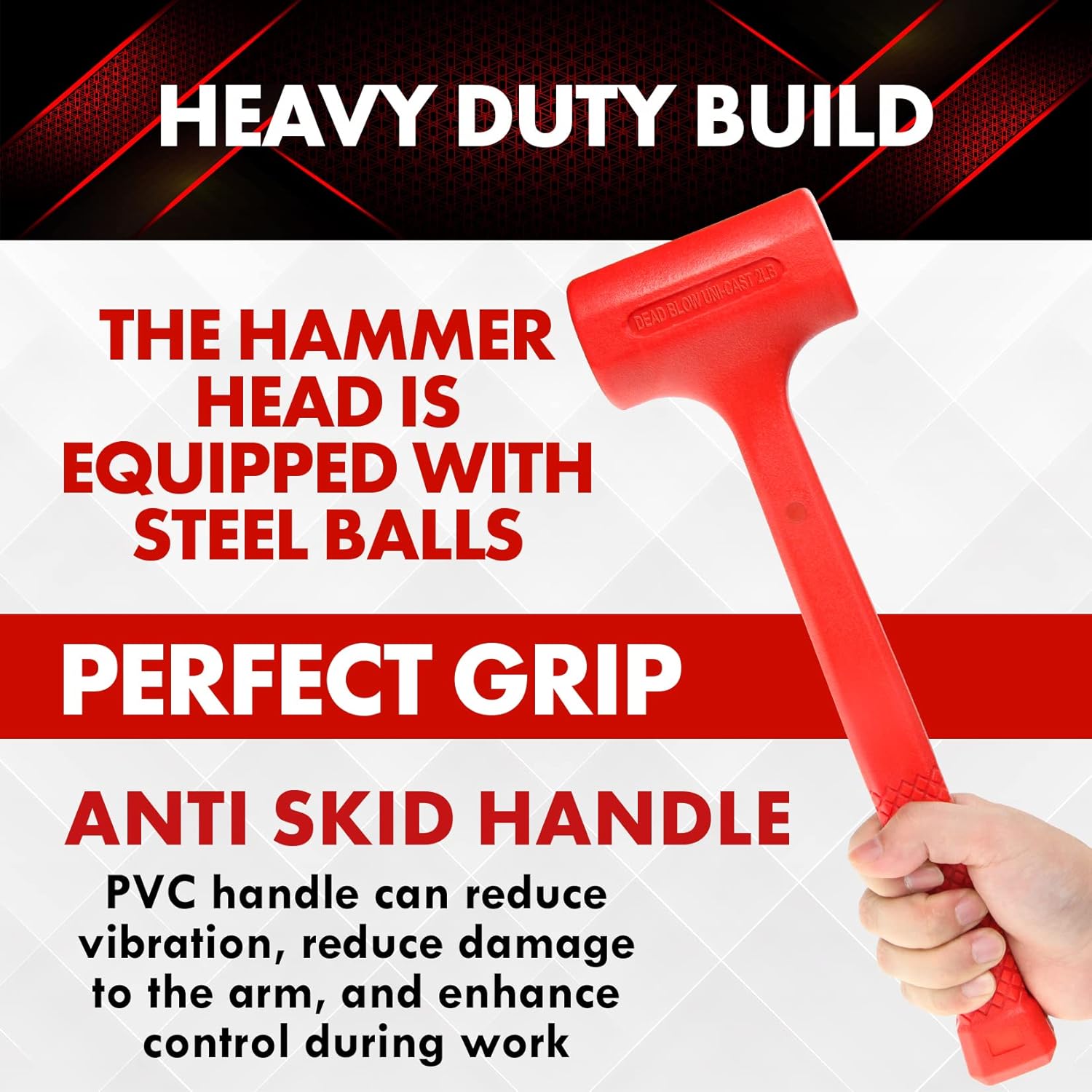 Black Friday - 80% OFF YIYITOOLS 2LB Dead Blow Hammer- Red, Mallet | Machinist Tools | Unibody Molded | Checkered Grip | Spark and Rebound Resistant