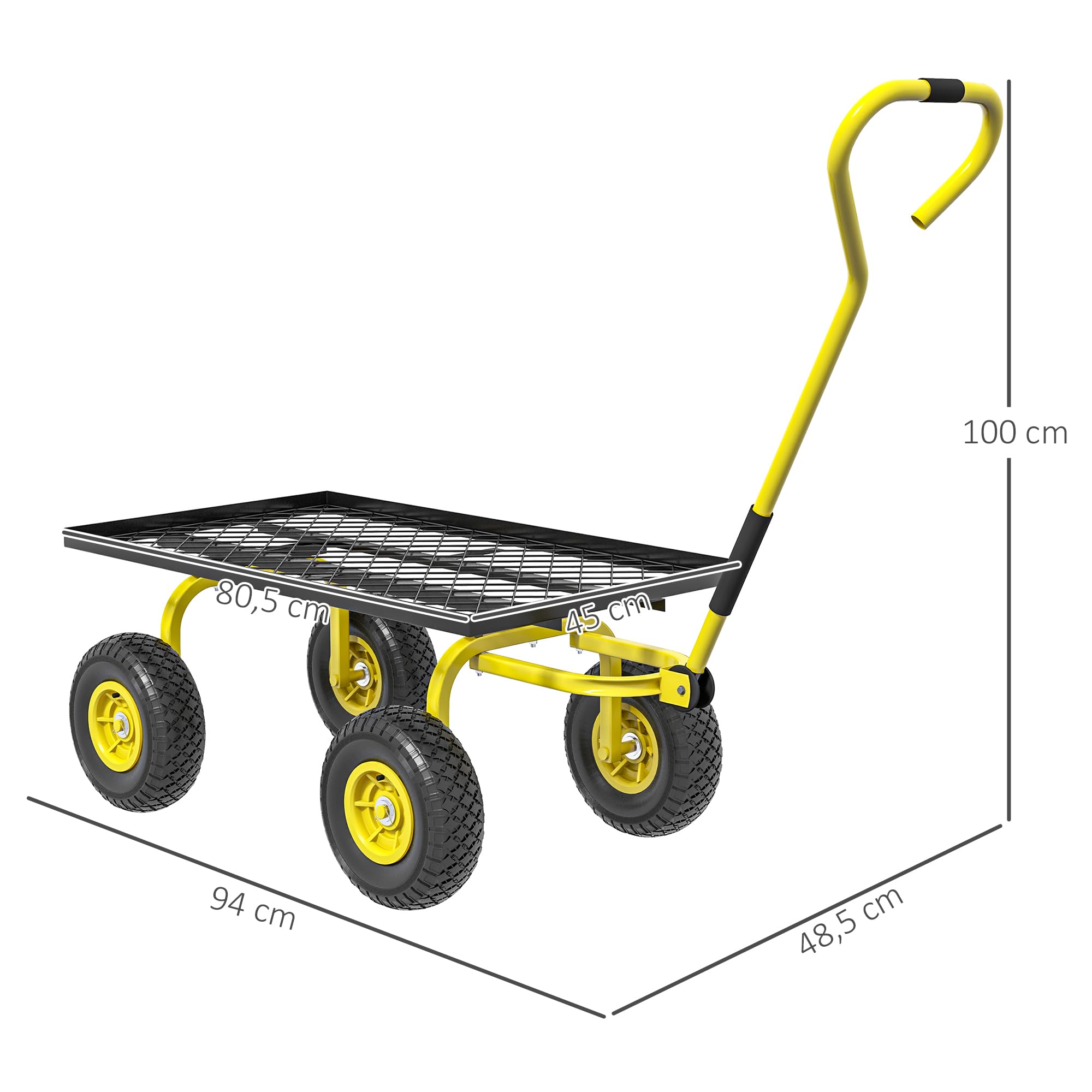 Outsunny Transportwagen für Garten, Handwagen, 4 Räder, 94 x 48,5 x 100 cm, max. Belastung 150 kg, Metall, Gelb