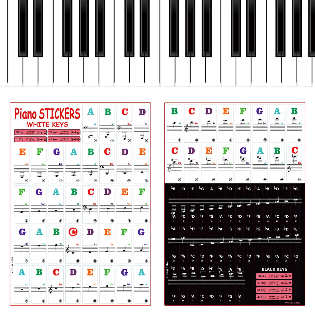 Stickers de Clavier de Piano Détachables, pour 37/49/54/61/88 Touches, Notation Musicale Facile, Convient Aux Adultes, Enfants et Débutants(Noir）