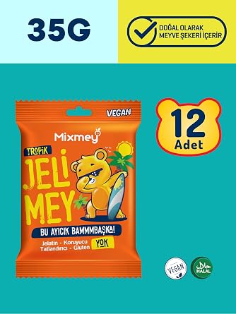 Mixmey Jelimey Tropik 12 Adet X 35 gr | Jelatinsiz Vegan Tropik Lezzet Gummy Bear | Ayıcık