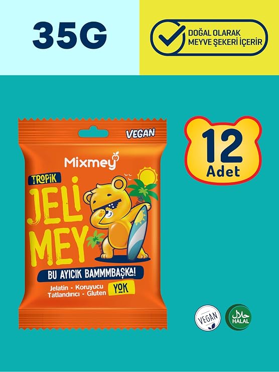Mixmey Jelimey Tropik 12 Adet X 35 gr | Jelatinsiz Vegan Tropik Lezzet Gummy Bear | Ayıcık