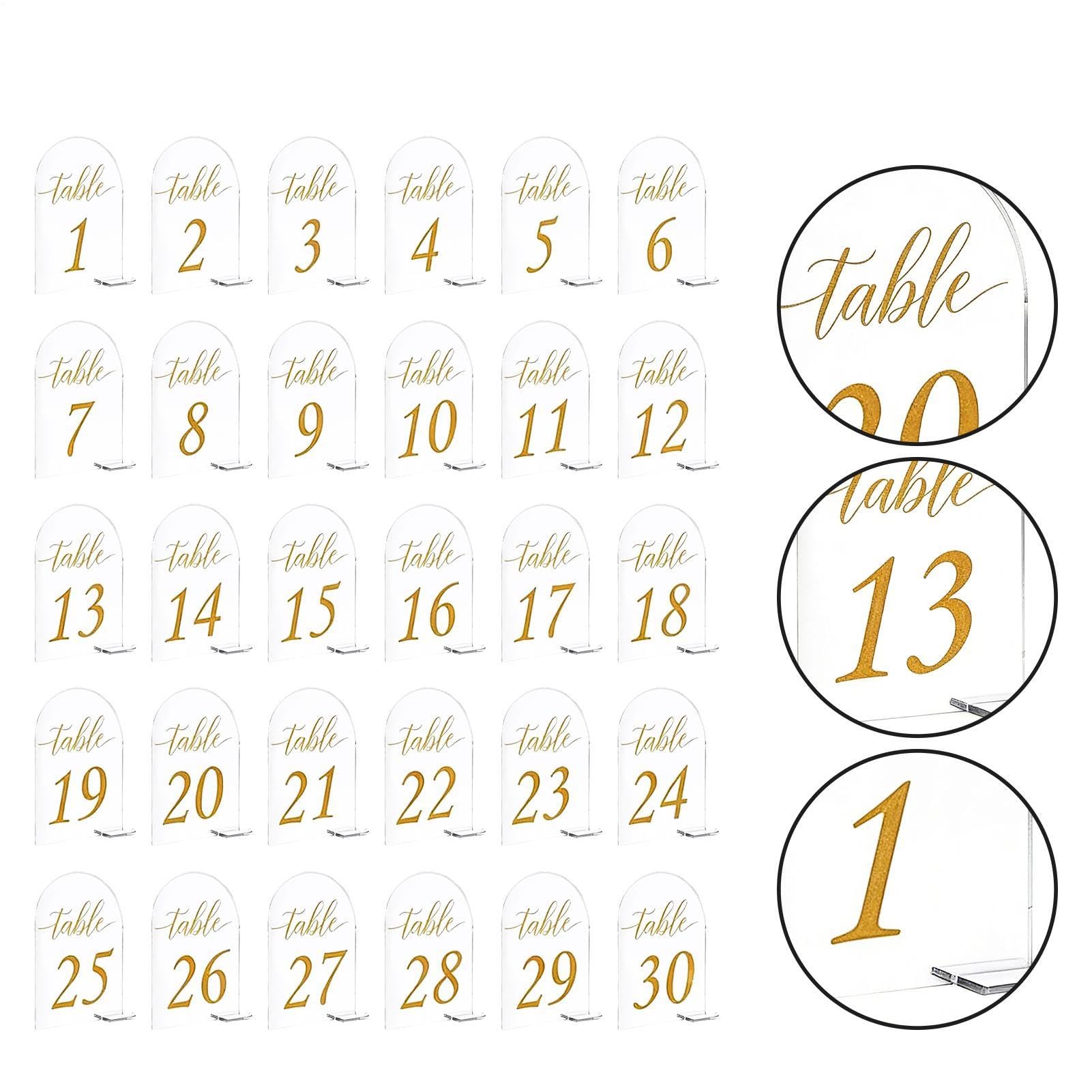 Arch Acryl Tischkarten Goldbedruckt 1-30 Blatt | Klare Acryl-Tischnummernständer für Events Empfang Hochzeit Restaurant Bankett Geburtstag Bar