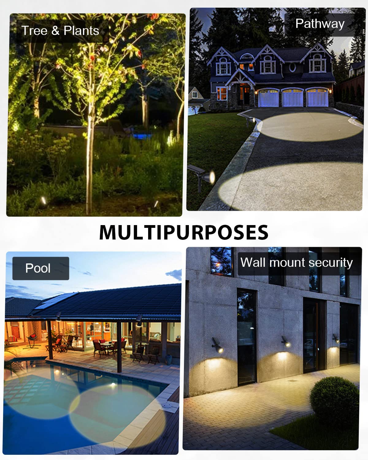 BLOOMWIN Focos LED Exterior Solares - 2 Pack Luz Solar Exterior Jardín Blanco Cálido Impermeable IP65, Lamparas de Césped Foco Proyector Suelo con Estaca Iluminación Jardineria Árboles Plantas Patio