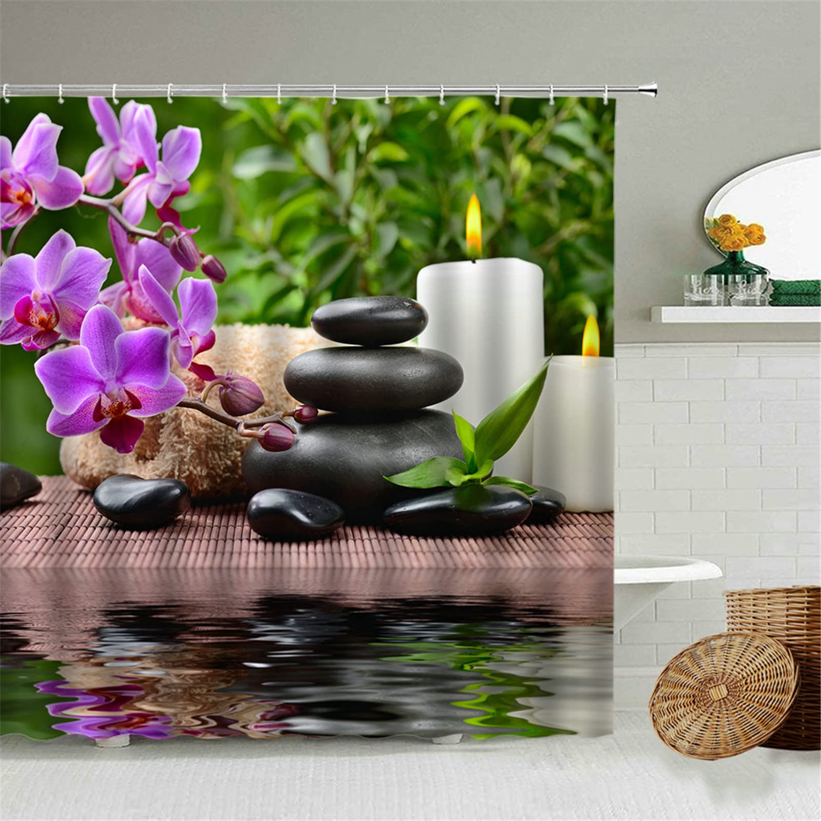 Cortina de ducha extralarga de 100 x 180 cm, impermeable, antimoho, lavable, tela de poliéster, incluye 12 anillos de cortina de ducha y dobladillo con peso, diseño de orquídea de piedra
