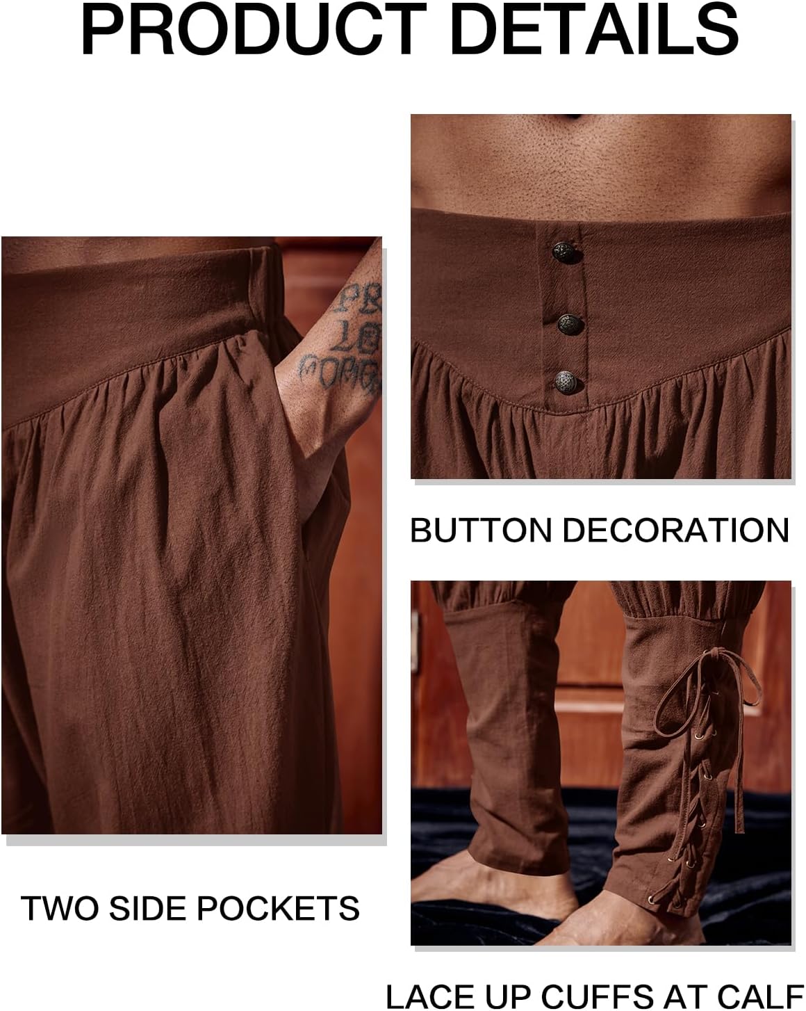 Runcati Mens Medieval Ankle Pants Renaissance Viking Pirate Lace Up Tapered Halloween Linen Costume Trousers - Image 5