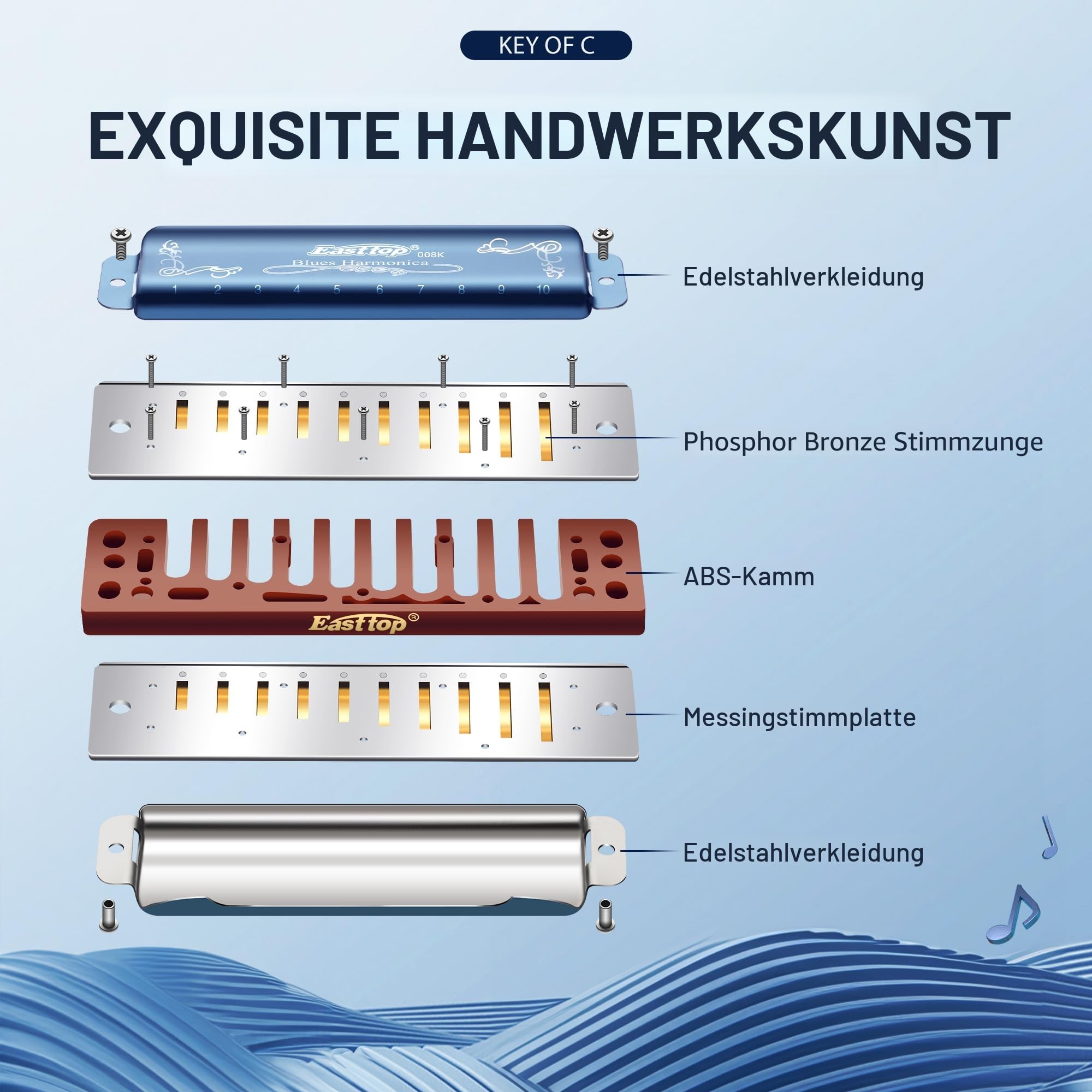 East Top Mundharmonika C 10 Loch 20 Töne mit blauem Gehäuse, Diatonische Blues Mundharmonikas blau Für professionelle Spieler, Anfänger, Studenten, Erwachsene, als Geschenk