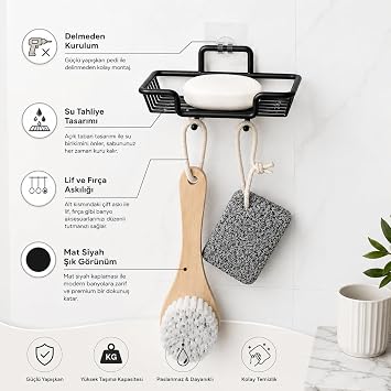 Alper Banyo Yapışkanlı Siyah Sabunluk ve Lif Askılık, Delmeden Montajlı Banyo Sabun Rafı, Çift Askılı Mat Siyah Banyo Düzenleyici