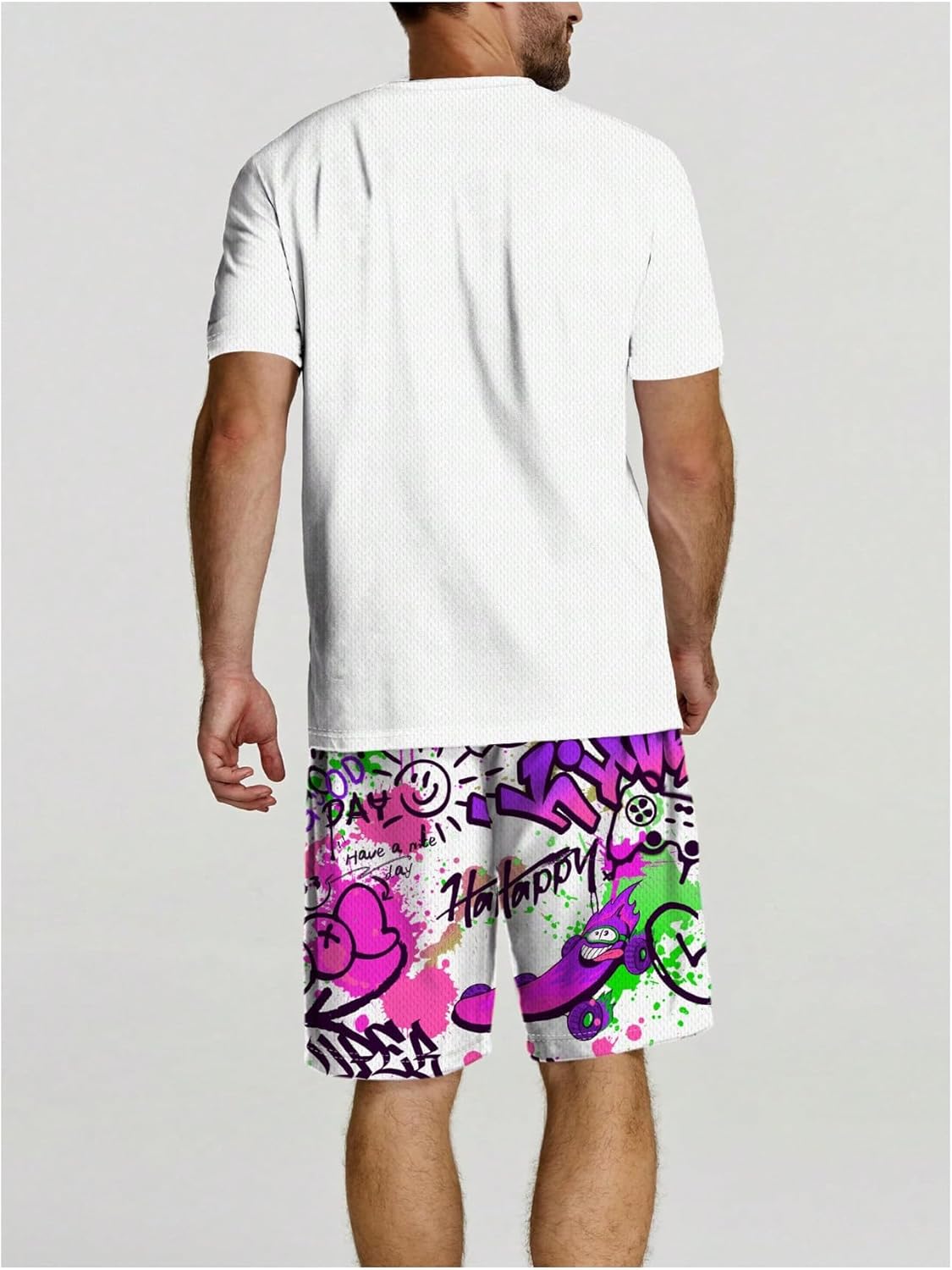 WDIRARA Men's 2 Piece Short Sets Graphic Print Short Sleeve T Shirts and Drawstring Shorts Clothing Set