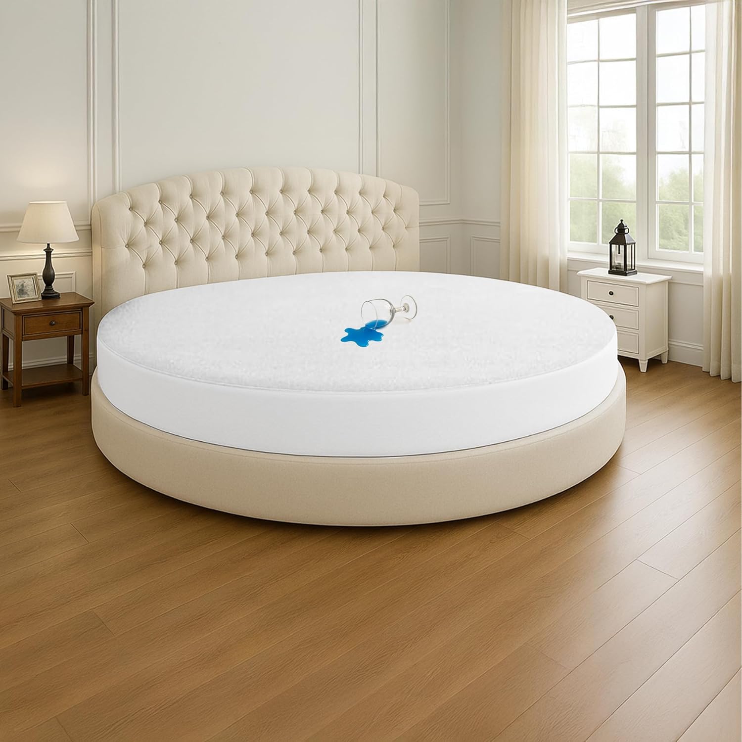 Round Mattress Protector 96" Diameter Size- 15" Deep Pocket Fitted Style Mattress Pad Cover Skin-Friendly, Super Soft & Breathable Bed Protection Against Moisture, Spills, Stains - White