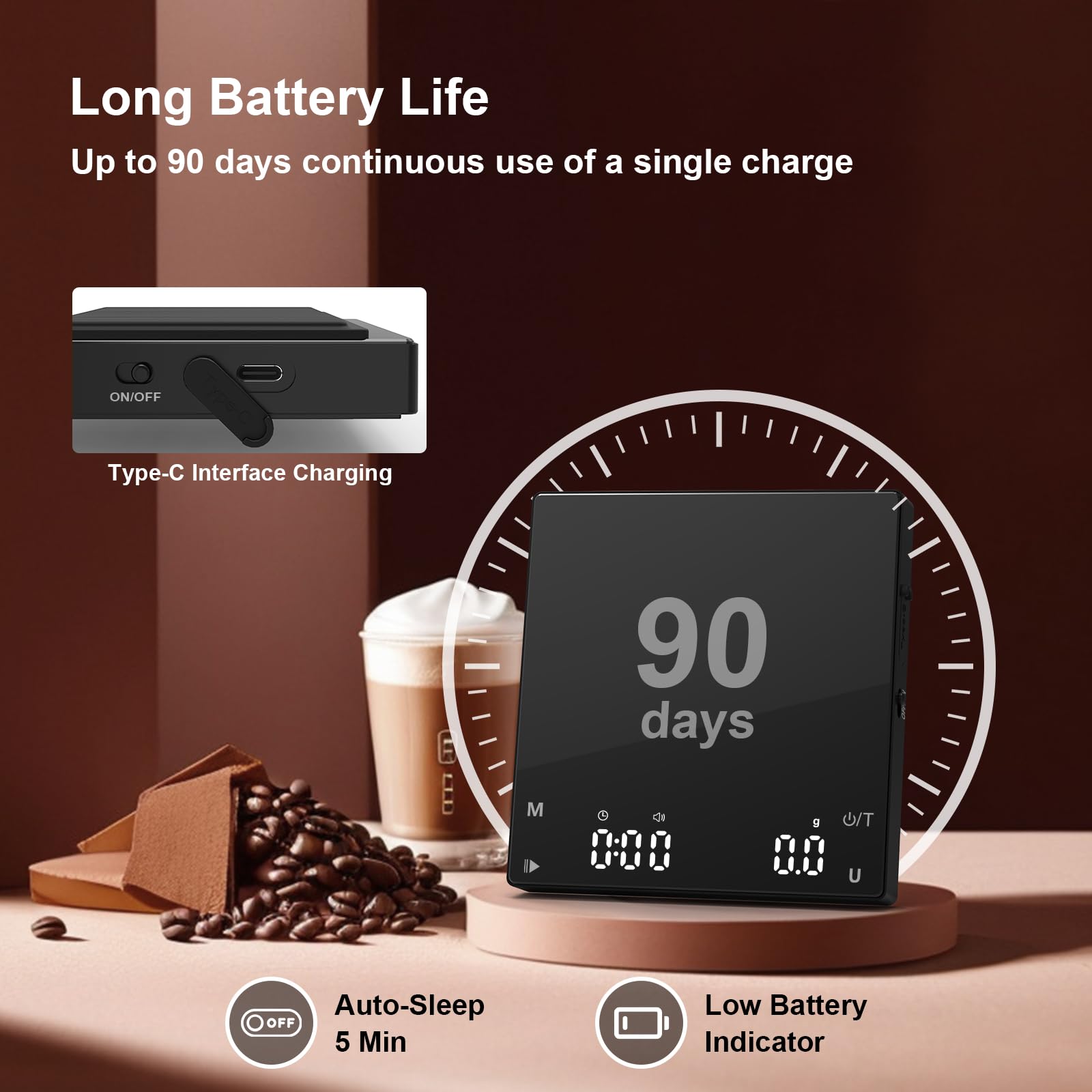 Mini báscula de café recargable, báscula de café con temporizador, escala precisa de 4.4 lbs/0.00 oz, temporizador automático/manual, mini báscula de cocina digital portátil para café por 5