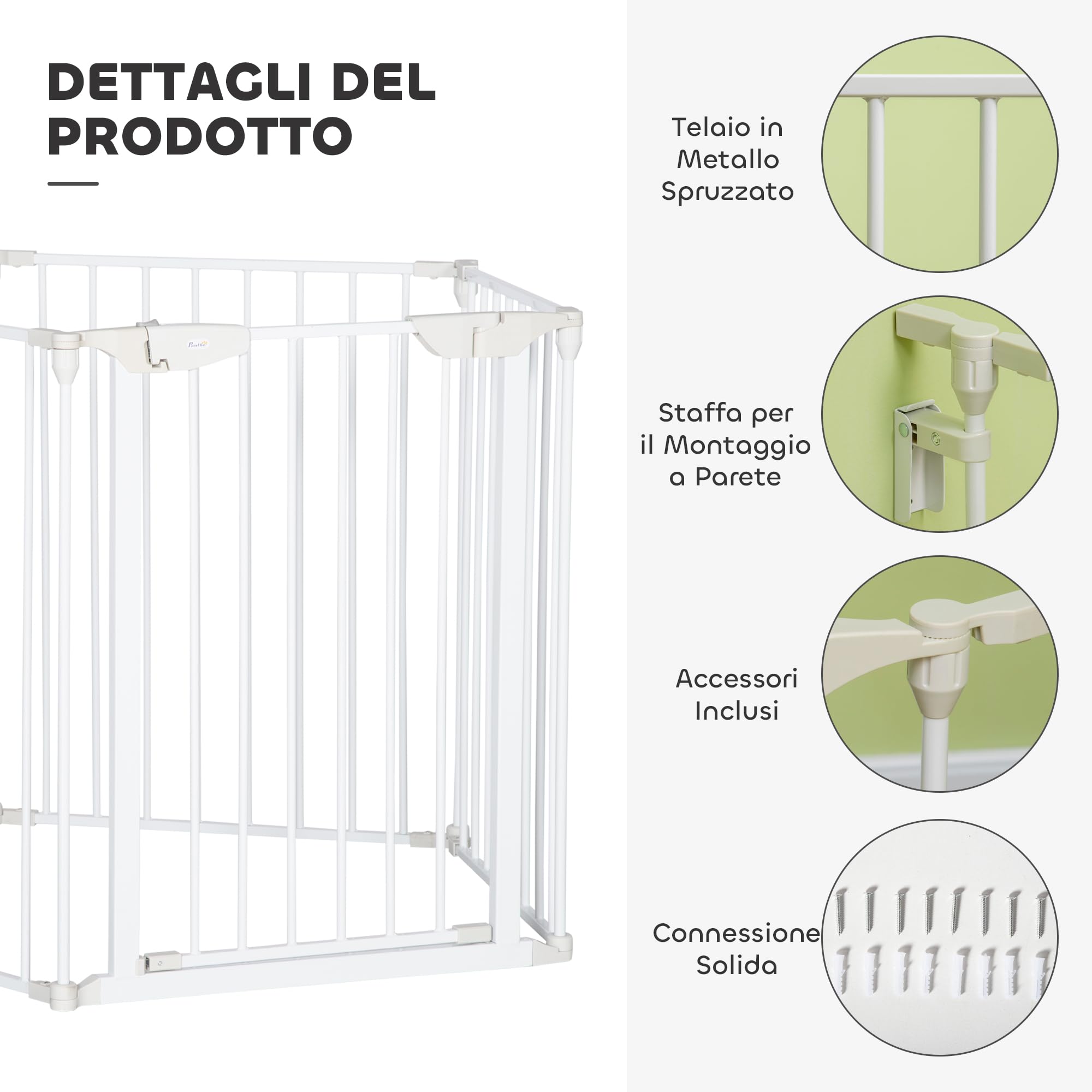 PawHut Recinto Cancelletto per Cani Regolabile Pieghevole Chiusura Automatica Sistema Blocco Metallo Plastica 300x74.5 cm Bianco