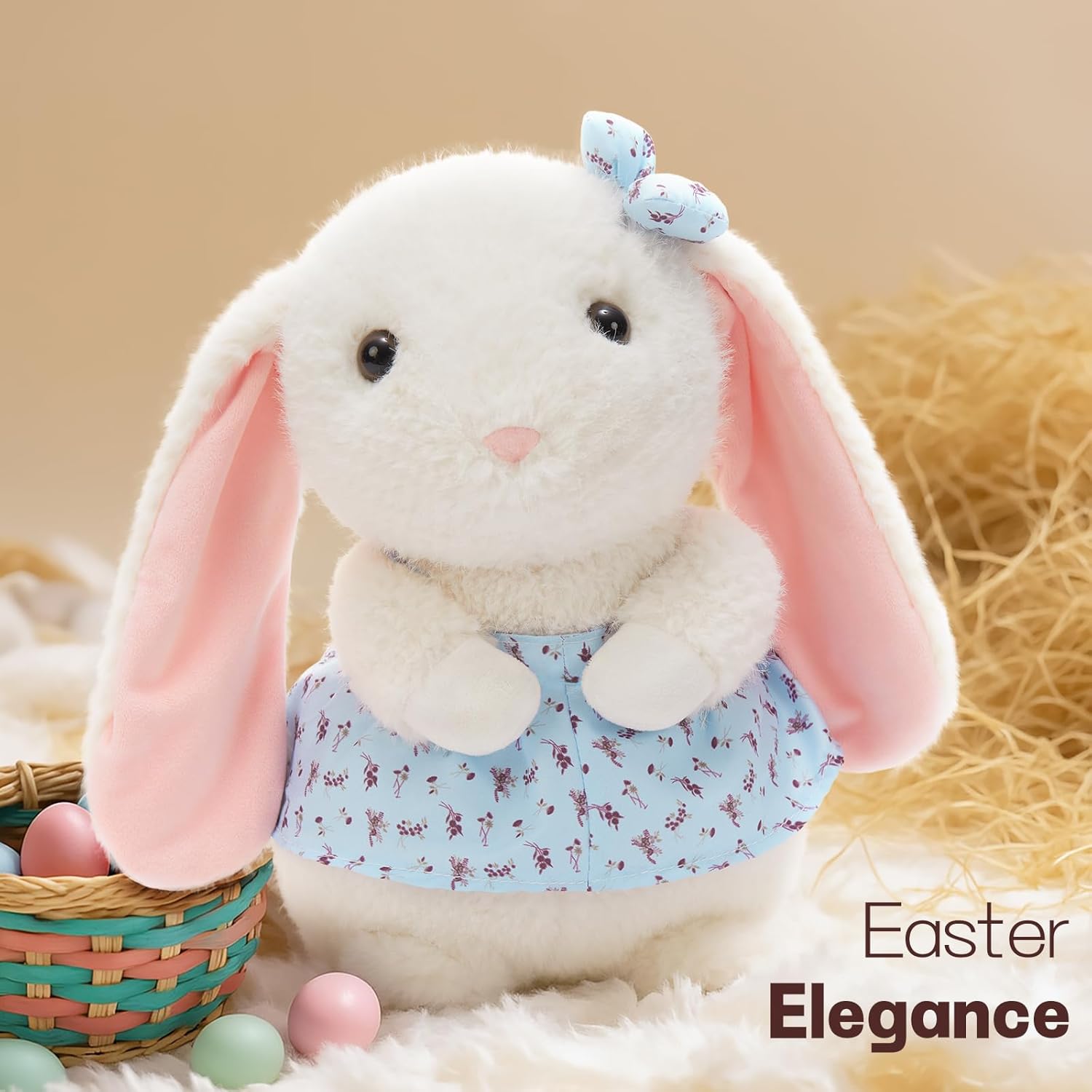 MorisMos Cute Bunny Plush, 14 Inch Soft Stuffed Rabbit with Floral Dress & Bow, Soft Cuddly Bunny Gift for Toddler, Kids, Baby Shower