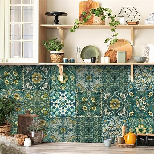 Gxllhh Green Tile Stickers Flowers Stick On Tiles,Self Adhesive Wall Tiles For Kitchen Bathroom,Vinyl Peel And Stick Wall Tiles,Stick On Wall Tiles Waterproof Oilproof 10 Pc(15X15cm)