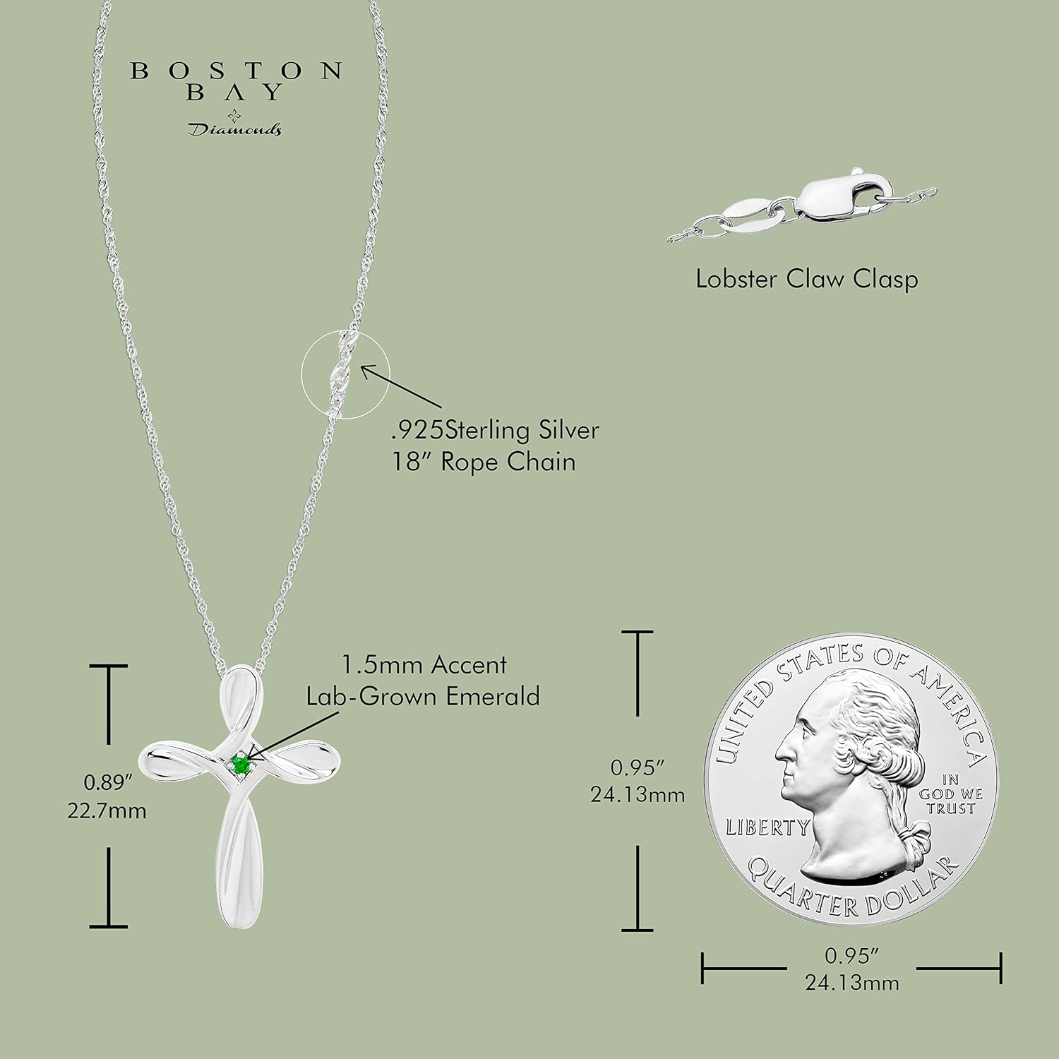 Boston Bay Diamonds 925 Sterling Silver Birthstone Gemstone Cross Pendant with 18" Rope Chain