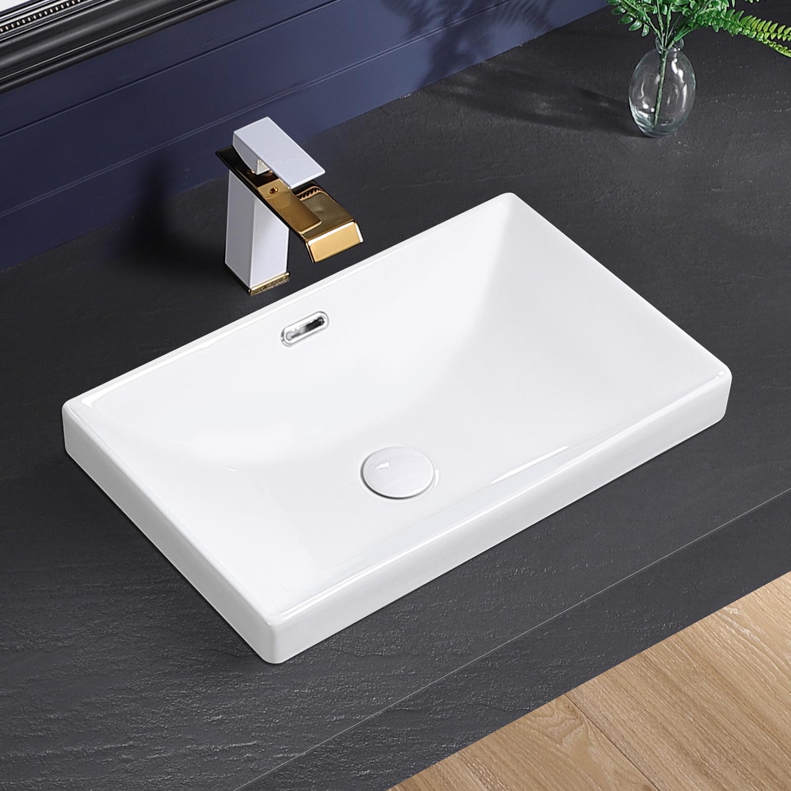 Vessel Sink 21"x13" Semi Recessed Bathroom Sink Drop-in White Bathroom Sink Porcelain Ceramic Modern Rectangular Sinks Drop-in Vanity Sinks with Overflow for Bathrooms