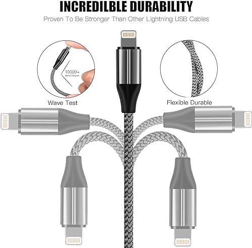 Miniatura 6 de Cable Cargador Lightning para iPhone (Paquete de 3 de 10 Pies), [Certificado MFi] 10 Pies Nylon Trenzado, Compatible con iPhone 14/13/12/11/Pro/X/Xs