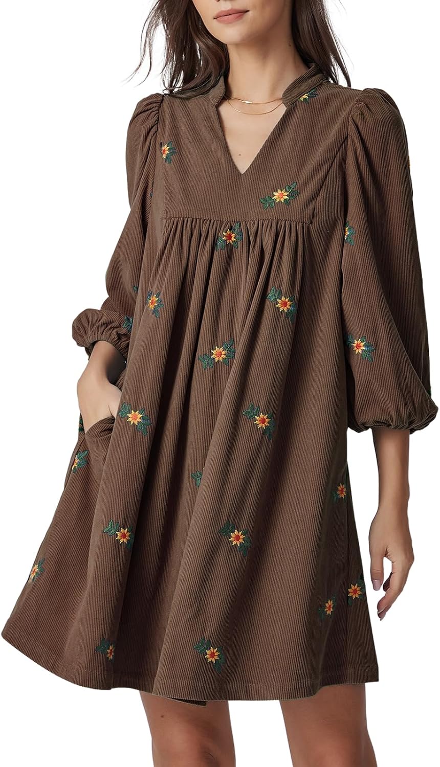 Corduroy Dress Women Embroidered Fall Winter Empire Waist V Neck Babydoll Mini Dress with Pockets