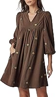 EZAPINE Women's Embroidered Corduroy Babydoll Mini Dress - Empire Waist V-Neck with Pockets Fall Winter