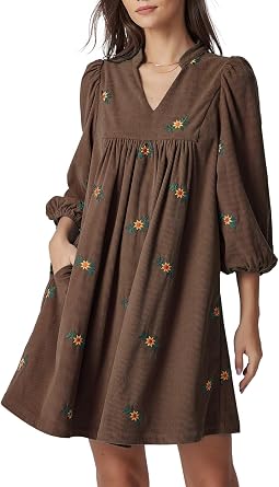 EZAPINE Corduroy Dress Women Embroidered Fall Winter Empire Waist V Neck Babydoll Mini Dress with Pockets