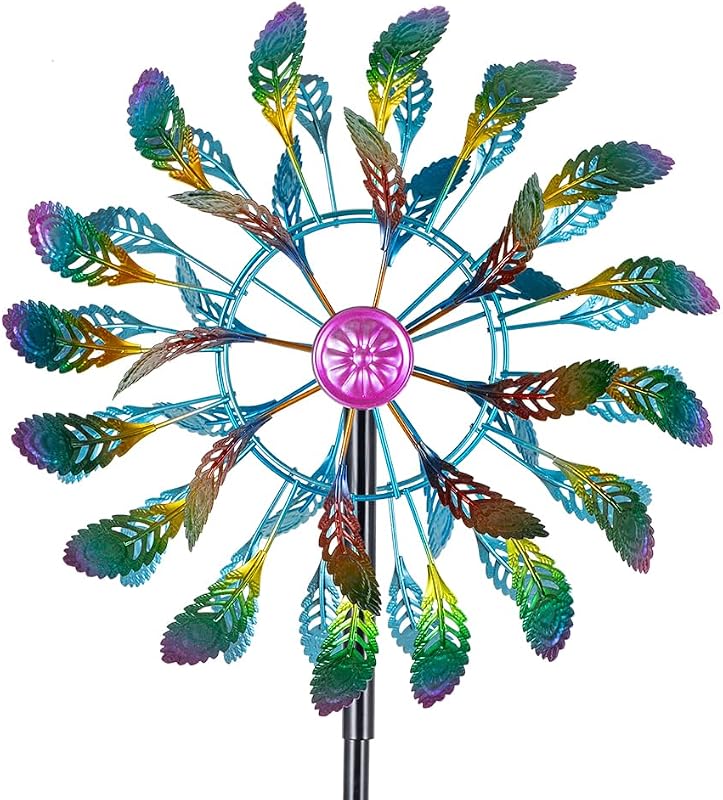 64" Tall Peacock Feather Wind Spinners Outdoor 360° Rotation Metal Windmill for Yard Kinetic Wind Spinner