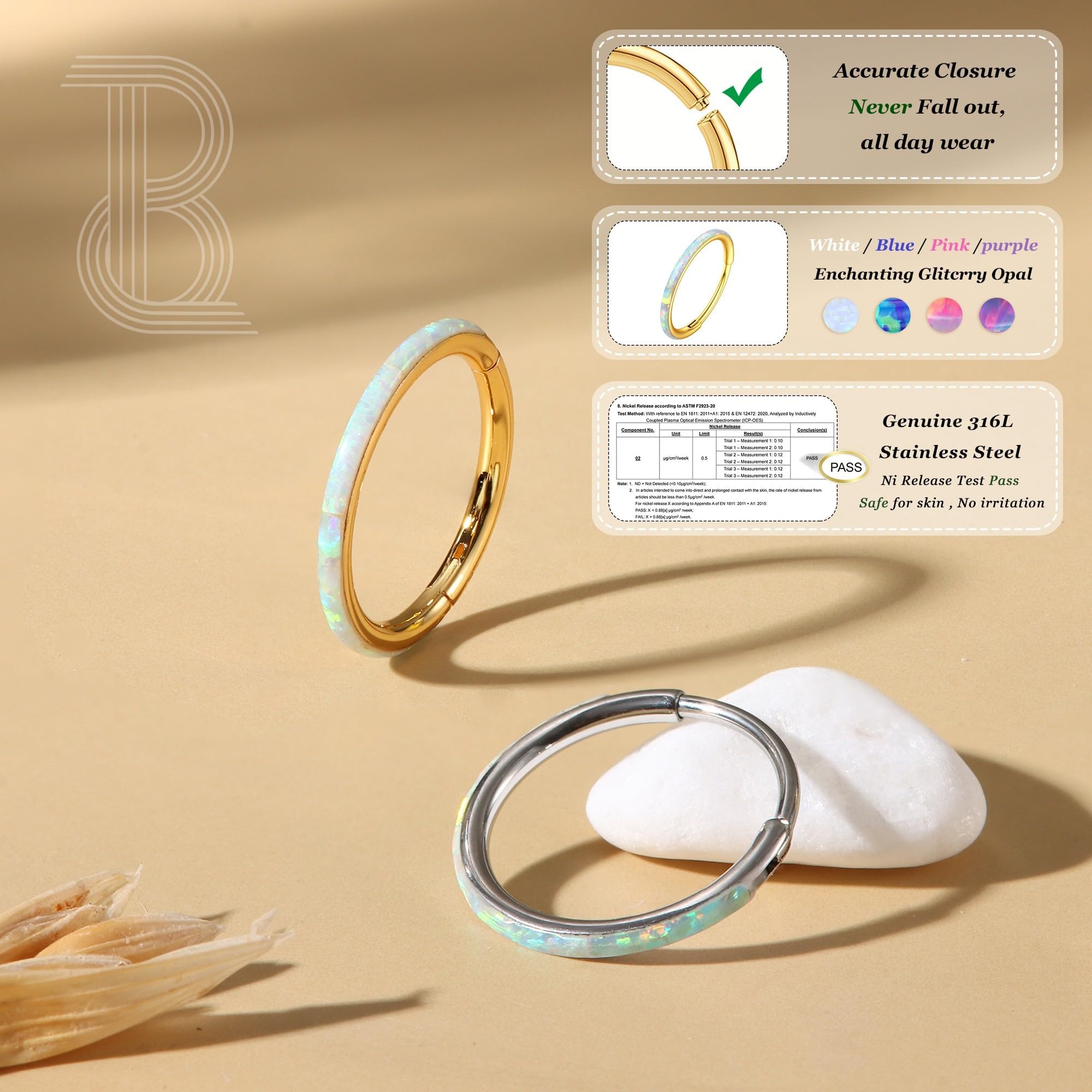 BodyBonita Hinged Opal Nose Rings Hoops - 16G/18G/20G 316L Surgical Steel Hinged Hoop Nose Rings Septum Rings Conch Helix Daith Piercing Jewelry Purple/Pink/Blue/White 10mm/8mm Silver/Gold Plated