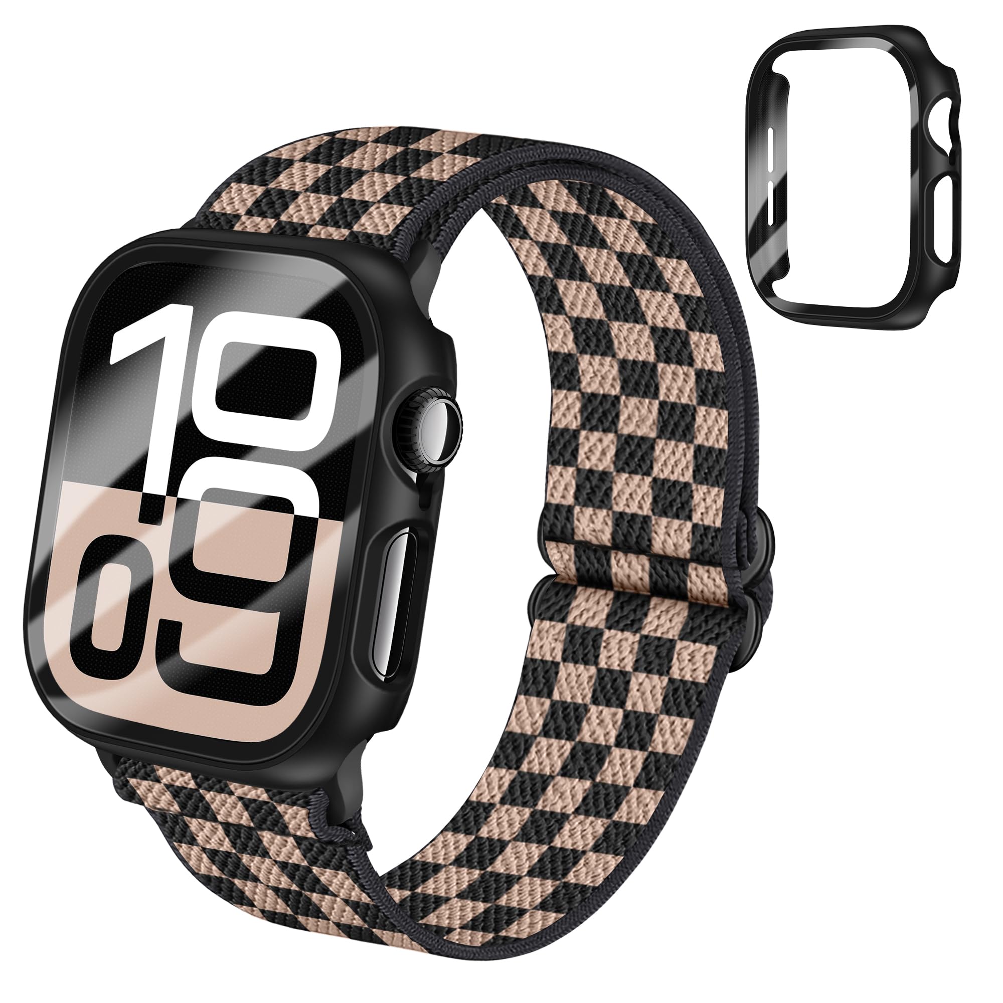 BMBEAR Braided Stretchy Elastic Loop Band with Case Compatible with Apple Watch 40mm 41mm 42mm 44mm 45mm 46mm 38mm 49mm, Nylon Elastic Solo Loop and
