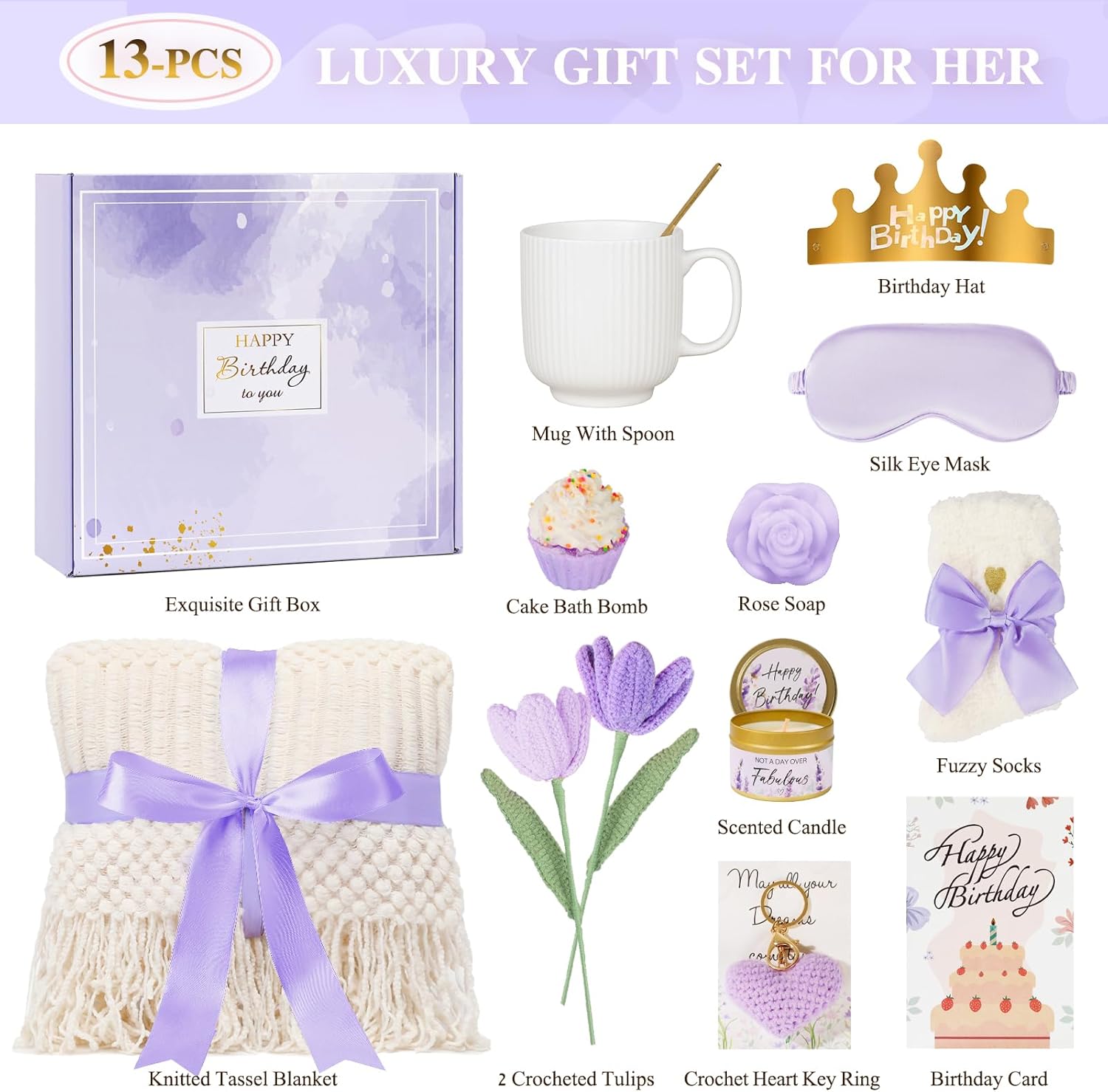 Birthday Gifts for Women - 13PCS Unique Happy Birthday Gifts Basket for Mom Her Best Friend Sister Wife Girlfriend Coworker - Relaxing Spa Self Care Package Valentines Day Gifts Set (Lavender) - Image 2