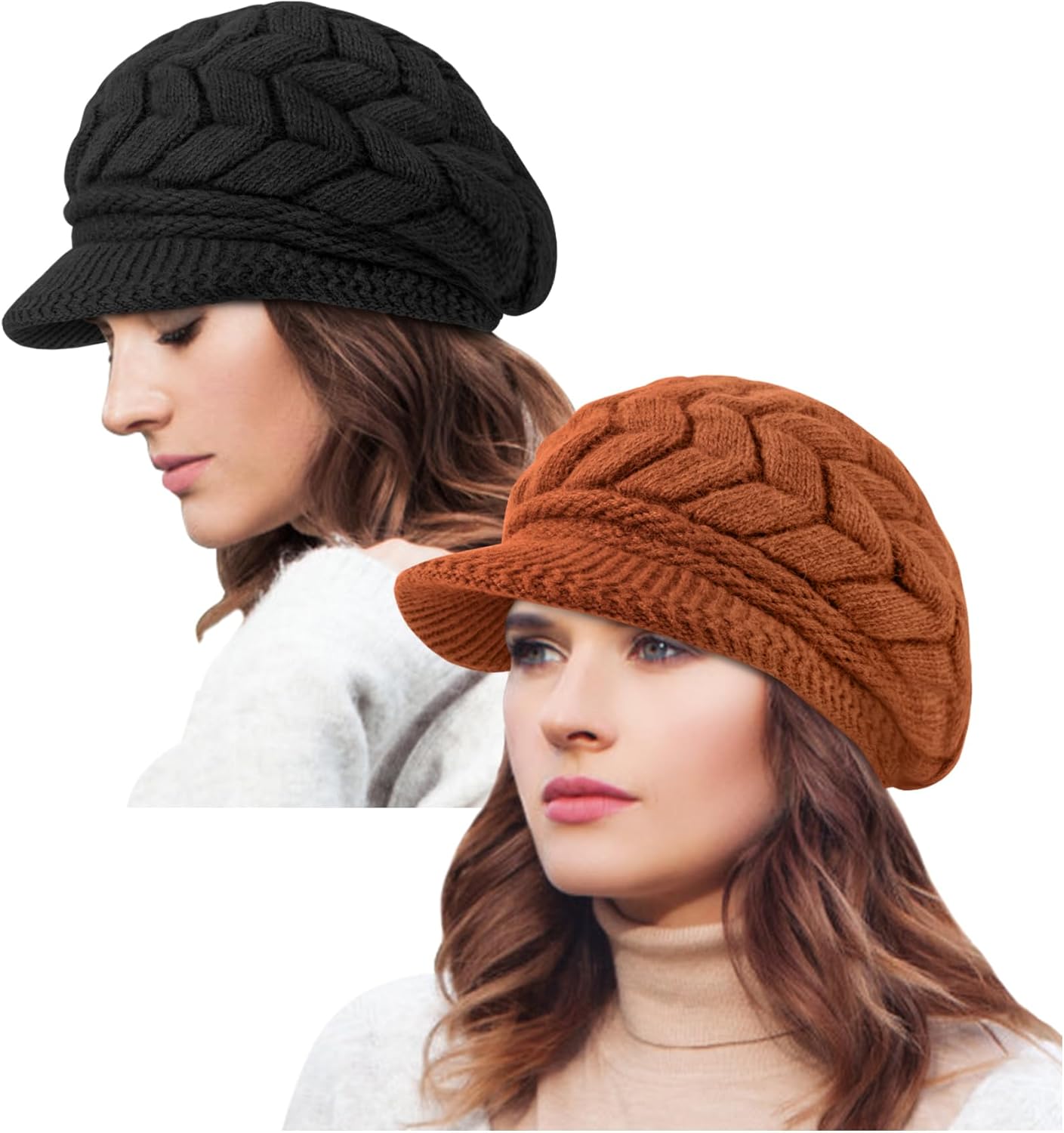 YSense 2 Pack Womens Winter Hats Warm Knit Hat Slouchy Beanie Cap with Brim Gifts Medium Black Dark Orange