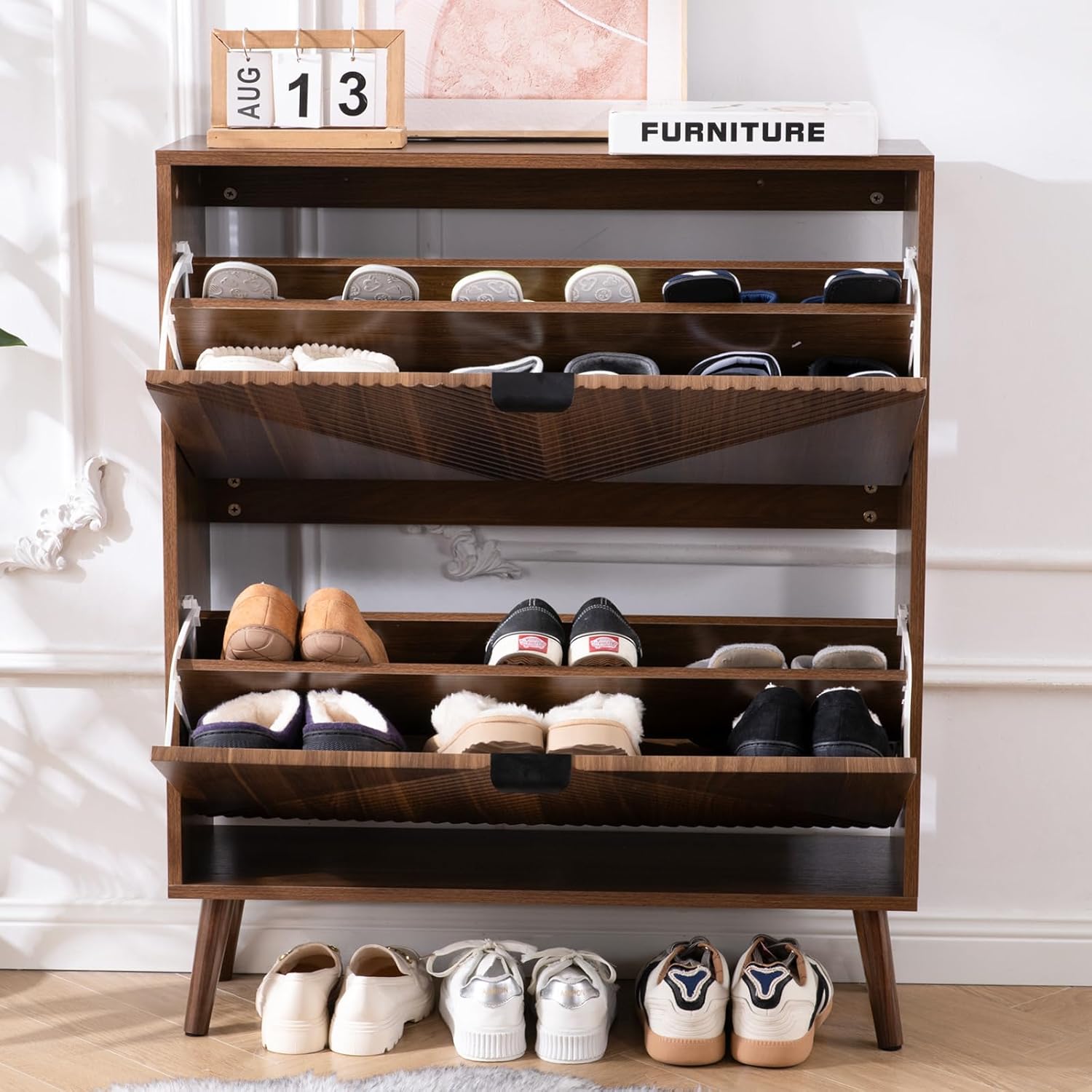 Shoe Cabinet Storage, Farmhouse Freestanding Organizer with 2 Flip Drawers and 4 Wooden feet, Narrow Shoe Rack Cabinet for Entryway, Foyer, Hallway, Walnut
