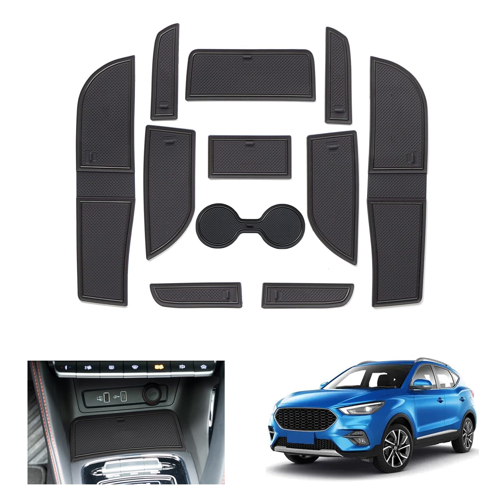 MG ZS EV (Electronic Brake) Facelift 2022-2024 Non-Slip Mats, Rubber Centre Console and Door Seam Mats, Accessories [Not for Manual Brake Lever] (Black)