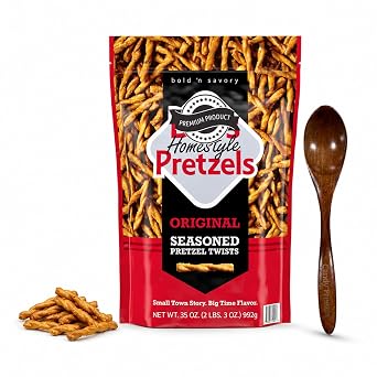 Dots Homestyle Original Seasoned Pretzel Twists, 35 oz 2 lbs 3 oz Bold & Savory Crunchy Snack Resealable Bag Includes Candy Freezer Wooden Spoon