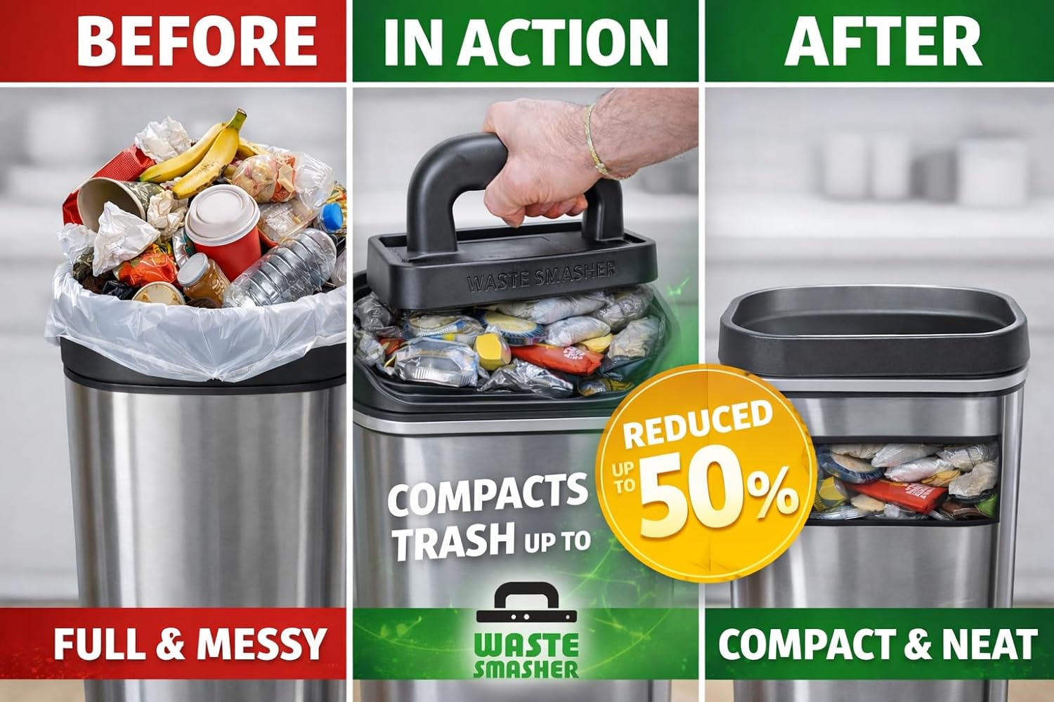 Manual Trash Compactor Tool - Hand-Held Garbage Press with Built-in Hook - for Kitchen Waste Bin - Space Saving Design - No Batteries Required - Freestanding - Black