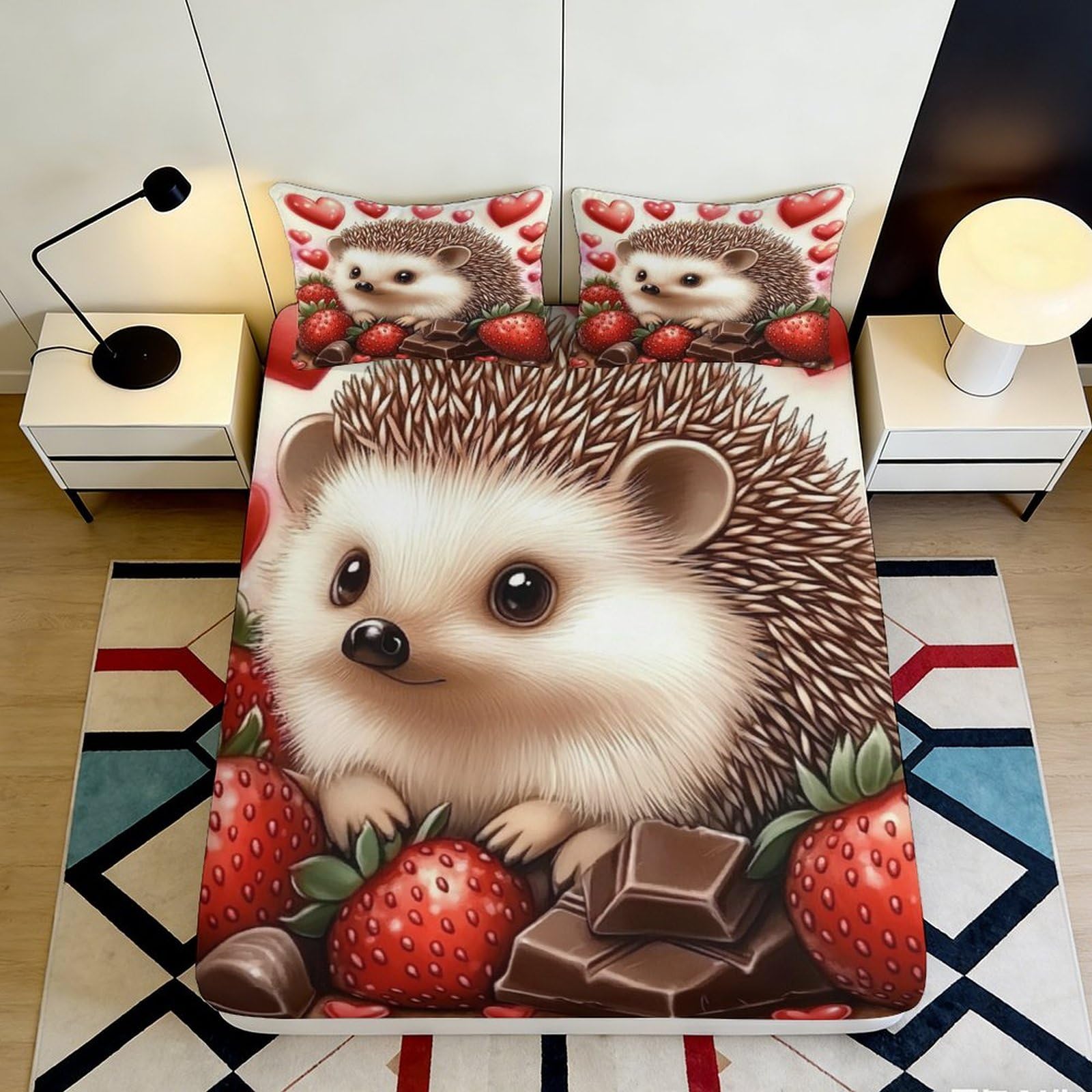3D Printed Cute Hedgehog Microfiber Fitted Sheet Soft Breathable Strawberry Bed Cover for Bedroom Dormitory Guest Room Mattress Protection Decor 120x200x25cm