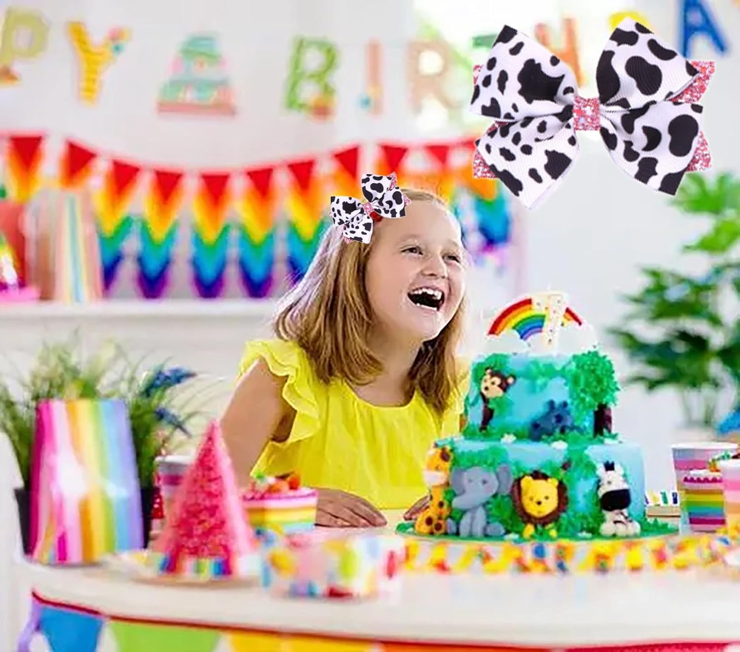 2PCS Cow Print Hair Bow Clips Ribbon Clips Hair Accessories Cow Print Birthday Party Decor Games Gifts (Pink White) - Image 4