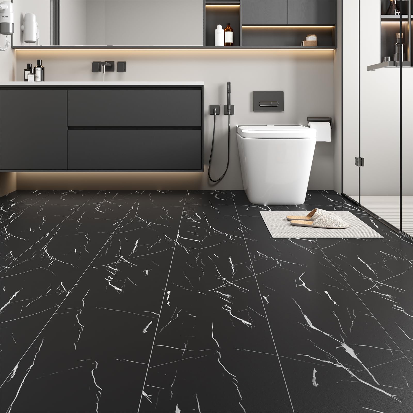 Peel and Stick - Piastrelle per pavimenti in vinile, 30 x 1500 cm, impermeabile, antigraffio, per affittuari, cucina, bagno, camper, colore: marmo nero