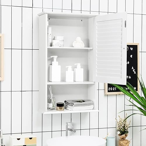 Miniatura 4 de Tangkula Gabinete de medicina, gabinete de baño montado en la pared, gabinete de pared de baño de madera de una sola puerta con estante ajustable